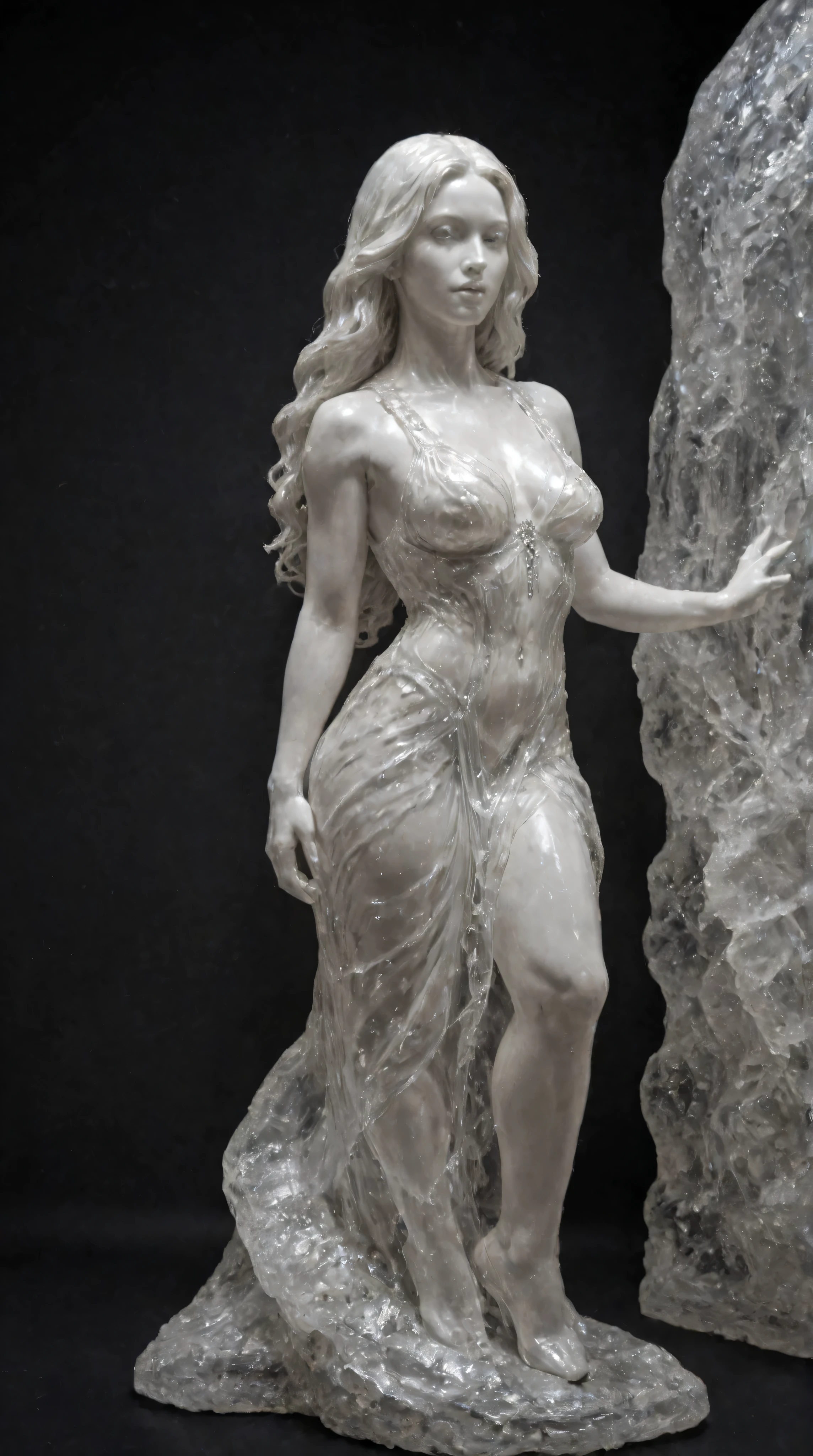 Black background, glowing, high contrast, digital art, cmth, crystal, A life size statue of a beautiful young woman who is 5ft. 7in. tall and has very long wavy hair, a very large , wearing a small dress and high heels, the statue is made completely out of solid cmth, partially see-through clear with whitish lines going through it. Cmth woman statue, clavo statue, speed lines, ultra-realistic, photo-realistic, ultra-detailed, physically-based rendering, 3D rendered realism, clear crisp images, hyperrealistic, startling presence, icon style, intricate textures, iconic character, hypersensual, , portrait photography,  cinematic portrait, cinematic lighting and shading, multiple views, clearly the sit! A masterpiece.