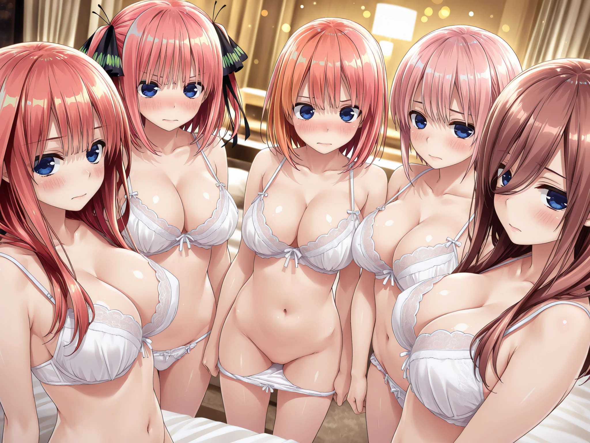 2d, masterpiece, best quality, anime, highly detailed, 5 girl, photo of 5 girl, quintuplets, nakano itsuki, red hair, long hair, star hair ornament, ahoge, large breasts, , bedroom, red bikini, outdoors, sexy body, perfect body, 5 identical sisters sleeping together in the same big bed, eyes wide shut, breast pillow, abs muscular, belly button 