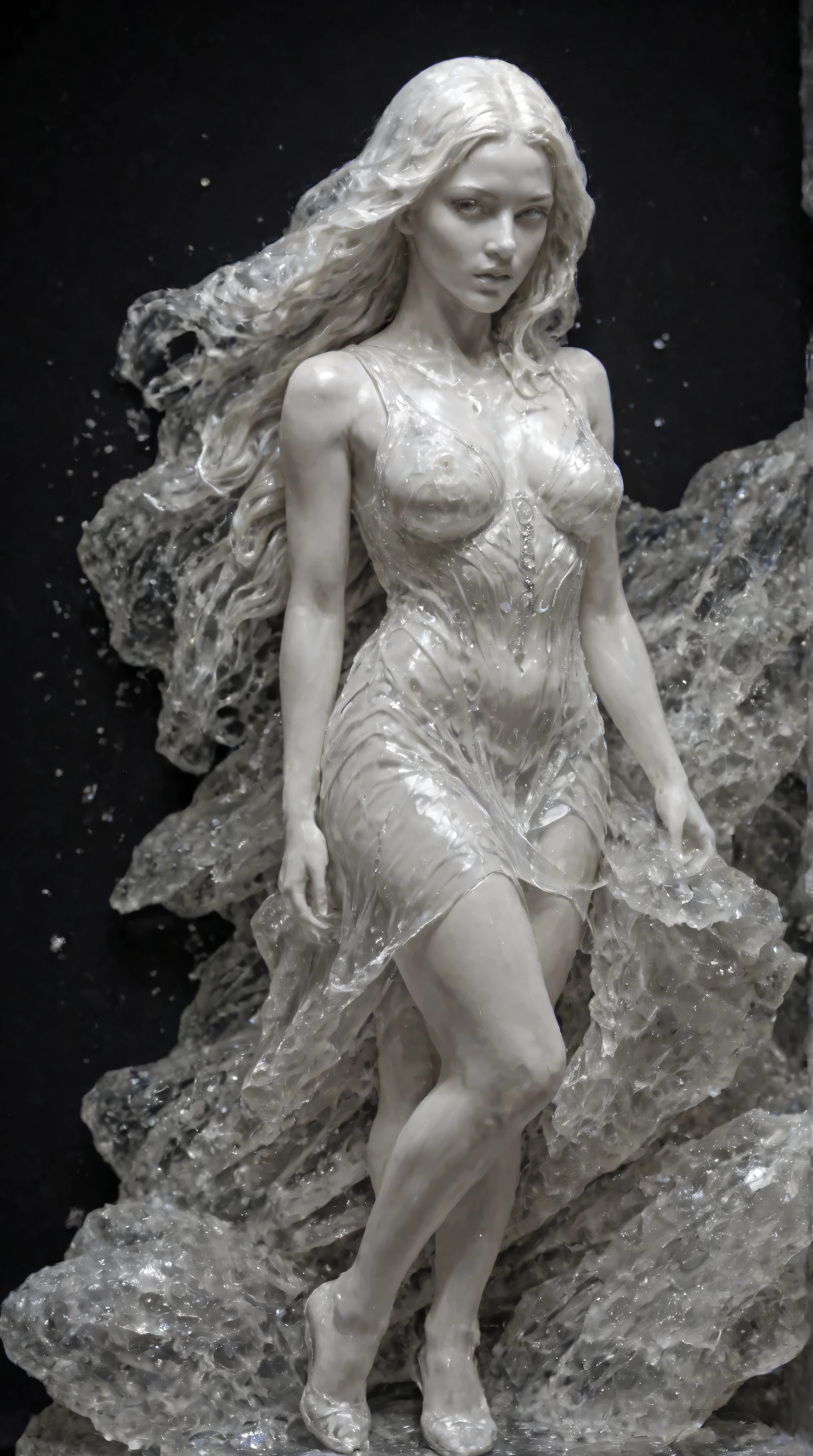 Black background, glowing, high contrast, digital art, cmth, crystal, A life size mostly clear cmth statue of a beautiful young woman who is 5ft. 7in. tall and has very long wavy hair, wearing a small dress and high heels, the statue is made completely out of solid cmth, partially see-through clear with whitish lines going through it. Cmth woman statue, clavo statue, speed lines, ultra-realistic, photo-realistic, ultra-detailed, physically-based rendering, 3D rendered realism, clear crisp images, hyperrealistic, startling presence, icon style, intricate textures, iconic character, hypersensual, , portrait photography, cinematic portrait, cinematic lighting and shading, multiple views, clearly the sit! A masterpiece.