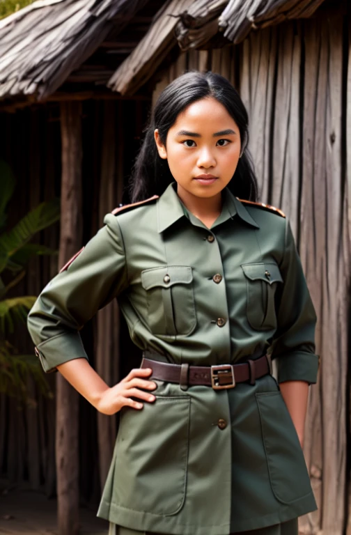 (((masterpiece, real, best quality, original, live, natural))) teenage girl, ((12 years old)) long black hair, ((hair down)) ((tan skin)) playing in the middle of the rice fields, ((wearing a complete scout uniform)), ((scout skirt)) ((wearing a scout hat )) (((Indonesian scouts))) cheerful, happy, smiling,