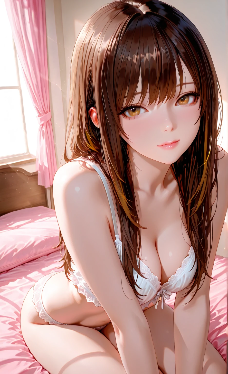 (Best Quality,High resolution,8K,finelity detailed background,Masterpiece:1.2),beautiful girl,Shiny brown hair,messy hair,Brown eyes,Gentle look,A refreshing look,Best quality,Best Quality,Aesthetic and aesthetic:1.2,Best details((Super detailed))(High-definition CG illustrations),cute (white,intricate lace),Slender body,Late Night,Moonlit Night,Bedroom,On the bed,smile,blush,cute,Scrounge,Looking up,Being spoiled,super model,on back,shoot from above