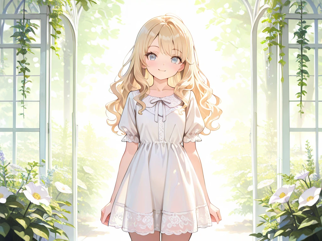 masutepiece, Best Quality, 1womanl, Beige hair:1.5、Wavy long hair、side swept bangs、独奏、Wearing a pink camisole dress、{{one tone background、 Background:1.8}}、full body Esbian、 with a bewitching smile