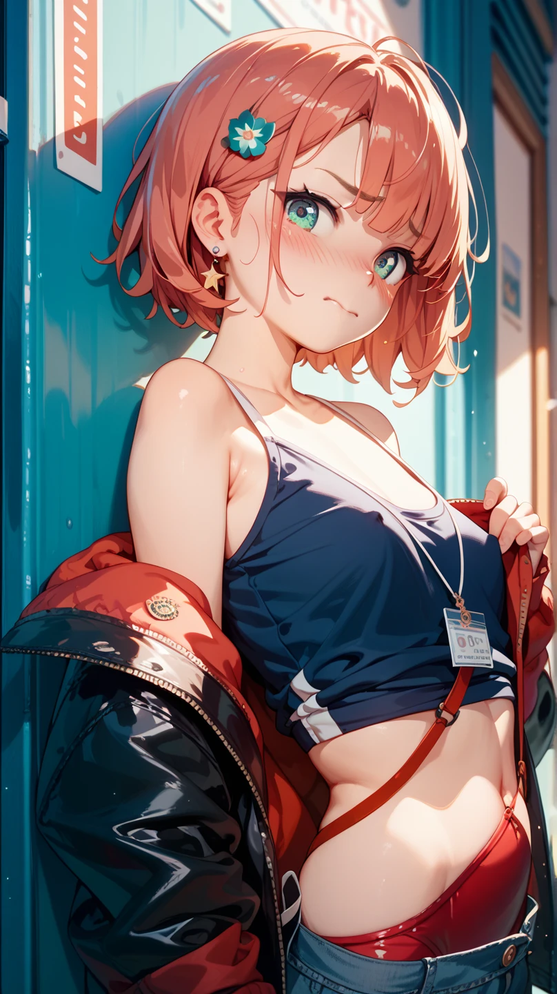 volumetric lighting, best shadows, shallow depth of field, portrait of a stunning girl, small, delicate, attractive face,  green eyes, happy smile, closed mouth, lovely medium breasts, (short red hair), freckles, thick eyelashes, open pink pop jacket, white underboob mini t-shirt, open navel, thin waist, jean shorts, walking on the street, (high quality, amazing details: 1.25), brightly colored paintings,  Open shorts, showing , open button, open zipper, hand v, sign v, torn clothes, clothes,  clothes, slutty, nimphomaniac, heart pupils, being judged by people, mirror showing ass, ass