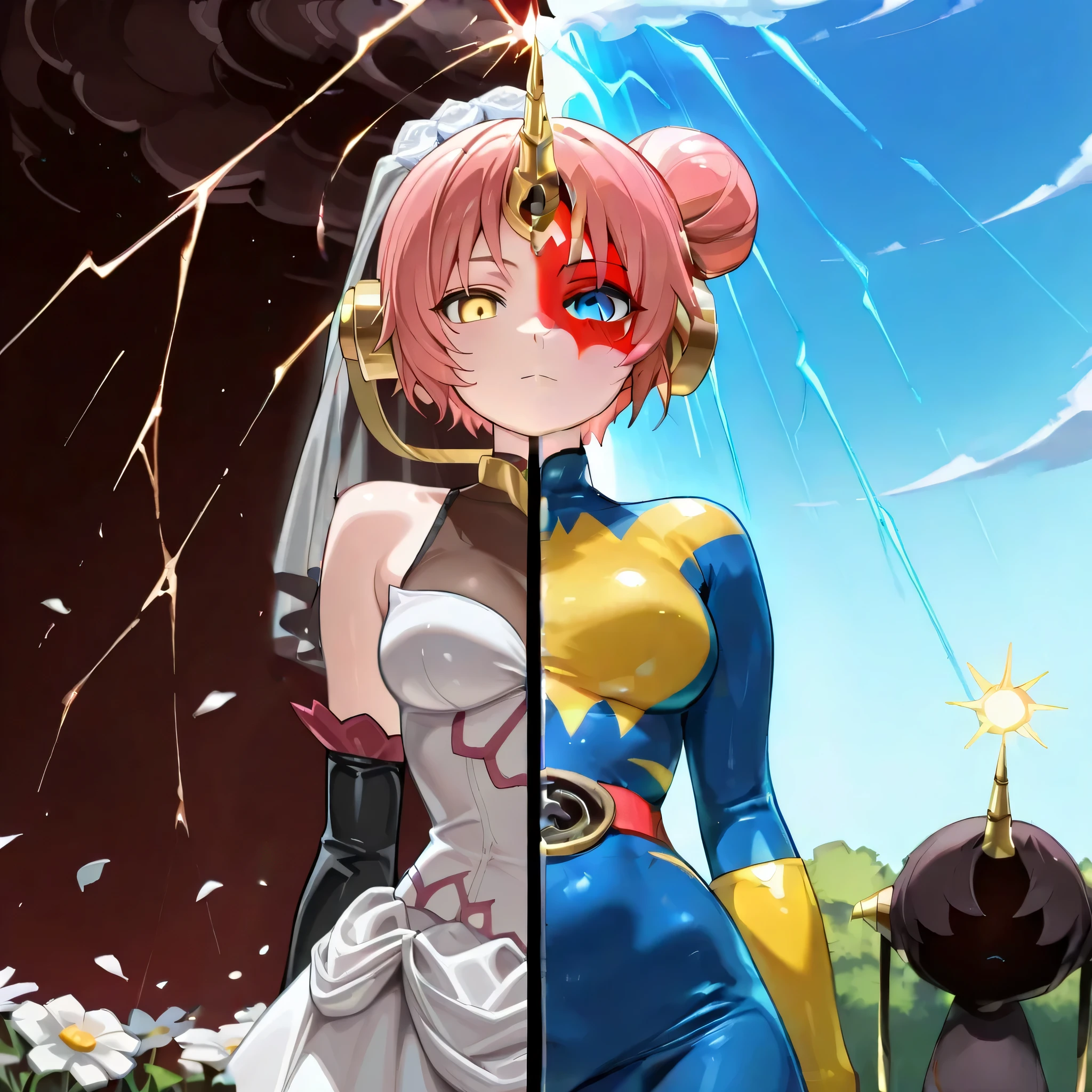 (((Masterpiece))), (((Best Quality))), ((Super Detail)), ultra-High resolution, score_9,score_8_up,score_7_up,score_6_up,score_5_up,score_4_up, BREAK, source_anime, anime screencap, uncensored, Masterpiece, (best shadow), (absurdres), (detailed background), (very aesthetic), detailed beautiful eyes, outstanding, an exquisite animation illustration, curvy, highres, dark persona, empty eyes, blank eyes, (((solo, 1girl))), hair ornament,  pose, submissive pose, anime style, anime coloring, animification, megami magazine,  pose, dynamic angle, cinematic angle, dutch angle, dynamic composition, medium , pink hair, hair bun, double bun, heterochromia, blue eyes, yellow eyes, hair over eyes, single horn, mechanical horn, white flower, flower, garden, royal, flower petals, petals, blue sky, wind, windy, dappled light, sunbeam, expressionless, emotionless, sparks, glowing, radiant, dark cloud, green electricity, green lighting, thunder background, lightning background, standing, standing at attention, standing still, looking at viewer, (((spl1tscr33n, spl1tf4c3, spl1tfr4m3, splitscreen, splitface, splitframe, split screen, split face, split frame))), cowboy shot, upper body, hair ornament, see-through cleavage, (((bride, white dress))), elbow gloves, veil, armored boots