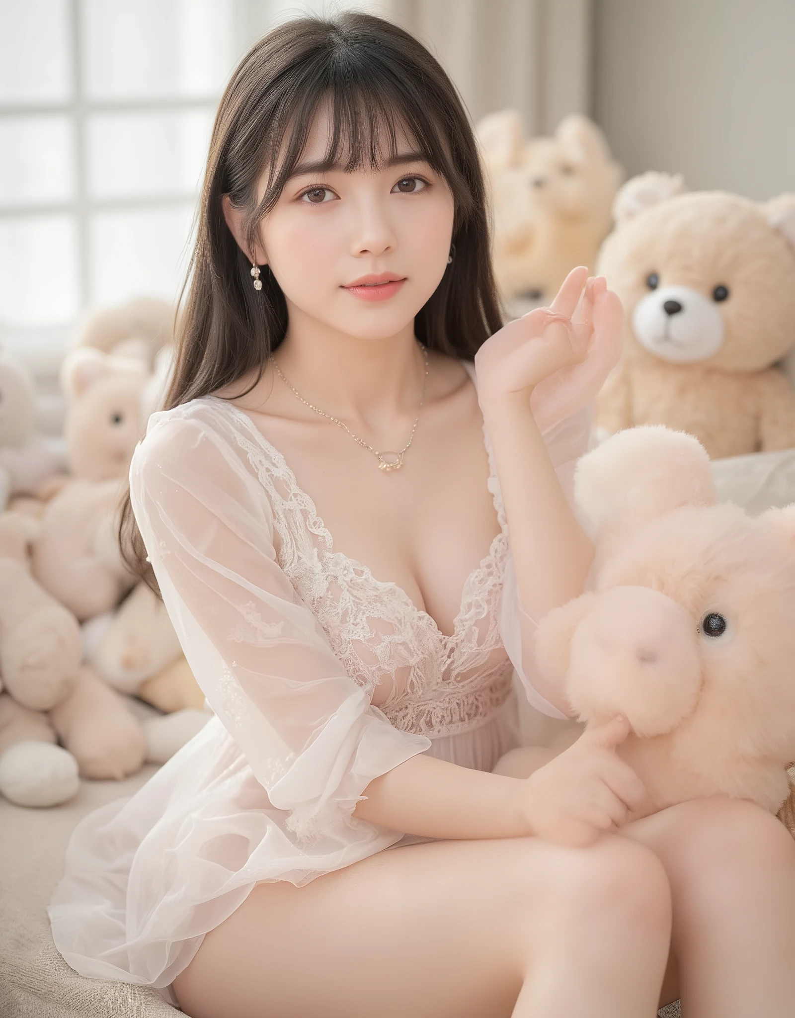 (Highest Quality:1.5), (Masterpiece:1.5), Highly detailed, High resolution, (Perfect detail), (Realistic), (Cute Japanese woman), (24 years old), Beautiful woman, Cute smile, Necklace, Earrings, Half-up hair, (Slightly small breasts), Thin lips, Detailed face, Beautiful and elegant face, Cute face, Natural bangs, Arched eyebrows, Trimmed eyebrows, Cute eyes, Beautiful eyes, Beautiful thin nose, (Beautiful skin), Fair skin, Fair skin, (Natural bangs), (Round and cute face:1.2), Beautiful cleavage, (See-through lace dress with pink), (Wearing a dress with a miniskirt), ((Slender body)), Beautiful model-like figure, (Cute smile), (Cute pose), ((Morning)), Living room, ((pink lace sheer panties)), Leaning on a large stuffed Long-tailed Tit, Room with lots of stuffed Long-tailed Tit, Room full of stuffed Long-tailed Tit,