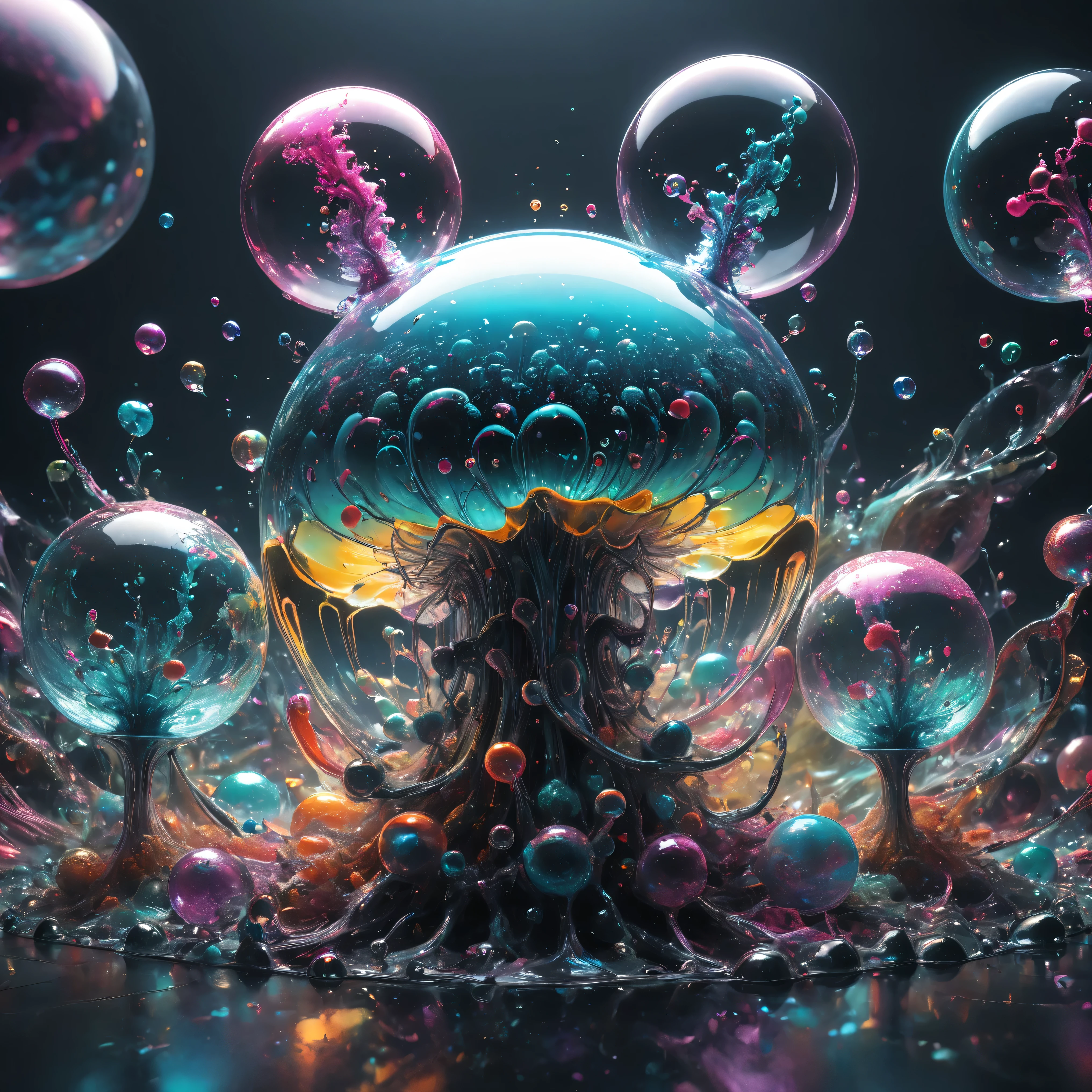 Ultra-realistic, ultra-detailed, photo-realistic, cinematic lighting, cinematic composition, cinematic photography, cinematography, full focus, UHDR, hyperrealistic,3D. Balls and orbs are quickly filling with multicolored liquid from melted candy pieces that soon overflow from one glass orb into another in a psychedelic dream, brought on by psilocybin and a fever. Perfectly formed 360° symmetrical glass spheres rise in an inky black liquid solution. The melting candy is heavier than the solution, and they are overflowing into glass spheres floating beneath them. When they reach a certain height, they catch on fire and spin counterclockwise to the ground where more spheres rise in their place. Beautiful psychedelic digital art, surreal, neon colors, 4D mandelbulb psychedelics, glass-like psychedelic landscape, intricate rainbow colored candy melt environment. Black liquid background air bubbles rise and reflect light with psychedelic underwater brightness. LSD, DMT, Psilocybin, Mescaline, trails of color and light, bright fluorescent colors, psychedelic trip, fluorescent psychedelic aesthetic, psychedelic vibrant colors. Small portals blow bright bubbles up among the glass spheres. The bubbles are lighter and rise faster in bright psychedelic neon colors, colorful paint drips out of the bubbles as they rise high enough in 3D glory. Glass spheres melt into each other spilling out colours, visually disorienting, startling, stunning images, awe inspiring, surrealism, Photorealistic, Perfect symmetry, Hyperdetailed, Glass Morphism, Digital Art, Sparkle, Glowing Light, Reflection Light, Overexposure, God rays, Backlighting, Depth Of Field, Rotational Symmetry, UHD, High Details, High Quality, Super Detailed, Best Quality, incorporate a lot of neon green, neon pink, and electric blue edging,