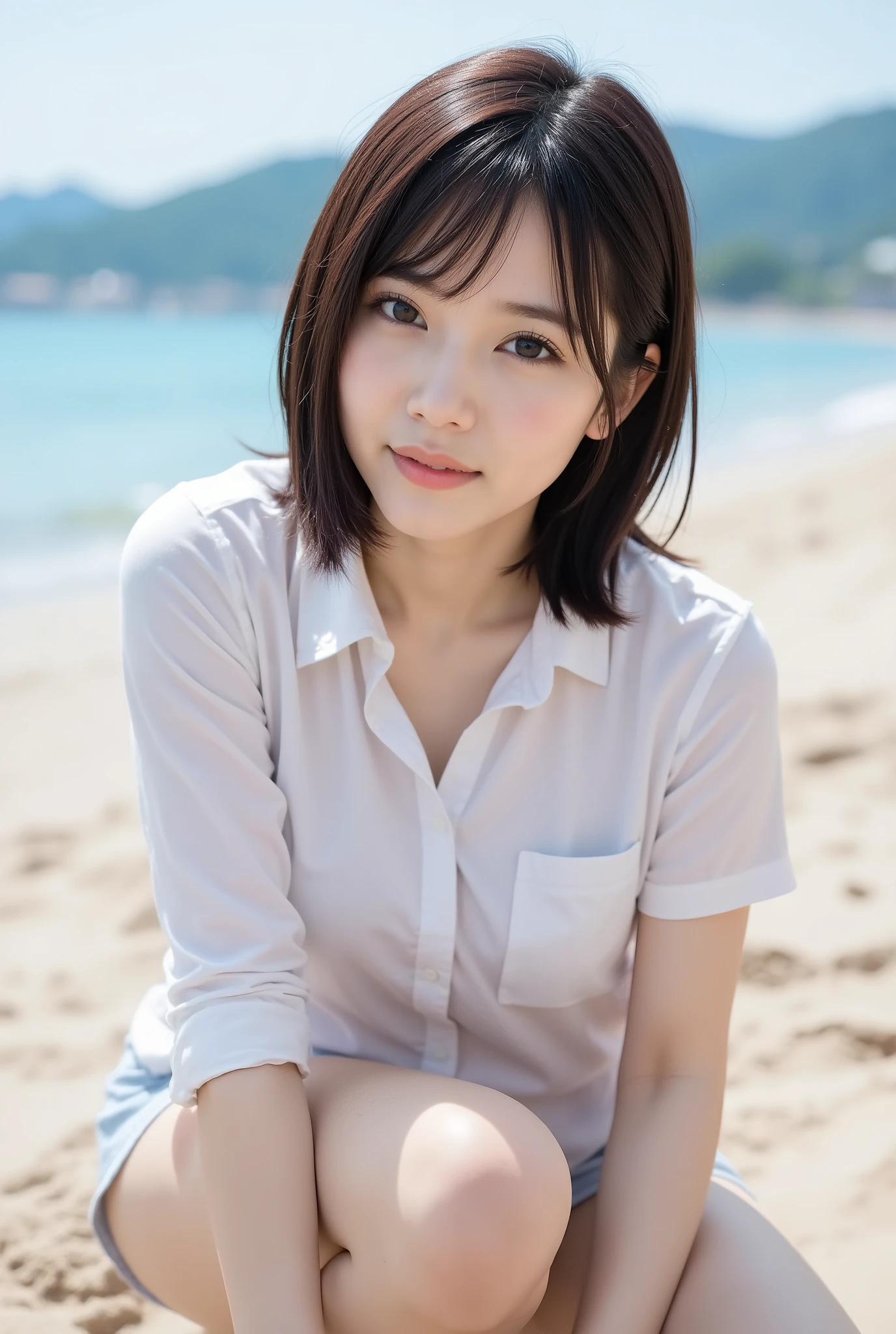 (high resolution:1.5), (masterpiece:1.5), full body, very detailed, best quality, 8k, (Cute Japanese woman), cute 20 year old beauty, Slender actress, (Small breasts:1.3), detailed face, Beautiful and elegant face, cute face, (Round face:1.4), thin lips, half-up hair, natural bangs, arched eyebrows, well-groomed eyebrows, cute eyes, beautiful eyes, beautiful thin nose, beautiful face line, (beautiful skin), (natural bangs), fair skin, Beautiful breasts, ((Slender body:1.5)),  kneeling pose, (bob hair), (Cheerleader),  Short shirt, (Underboob:1.3), Knees on the beach, 