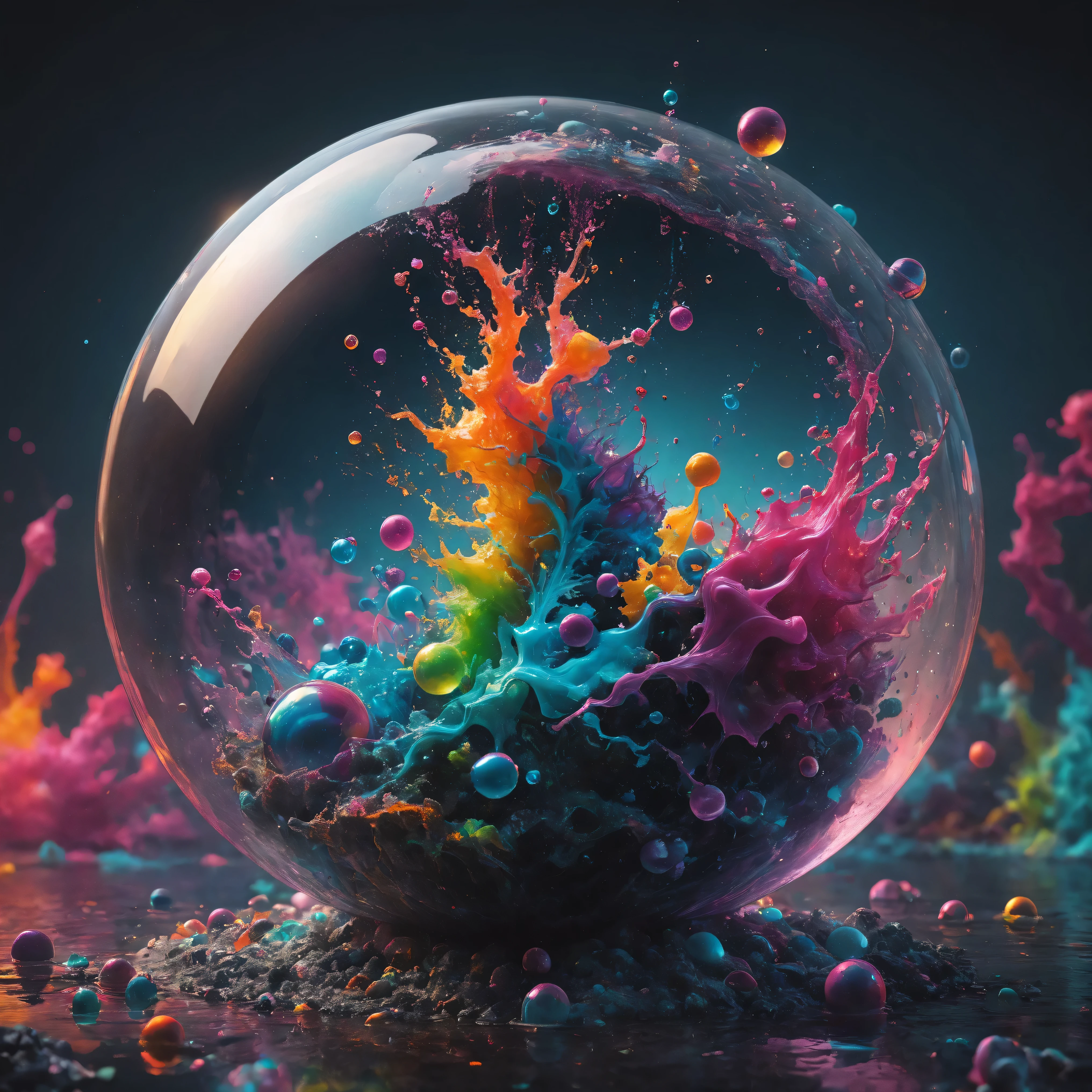 Ultra-realistic, ultra-detailed, photo-realistic, cinematic lighting, cinematic portrait, cinematic photography, portrait photography, cinematography, full focus, UHDR, hyperrealistic, 3D. Balls and orbs are quickly filling with multicolored liquid from melted candy pieces that soon overflow from one glass orb into another in a psychedelic dream, brought on by psilocybin and a fever. Perfectly formed 360° symmetrical glass spheres rise in an inky black liquid solution. The melting candy is heavier than the solution, and they are overflowing into glass spheres floating beneath them. When they reach a certain height, they catch on fire and spin counterclockwise to the ground where more spheres rise in their place. Beautiful psychedelic digital art, pixel art, neon colors, 4D mandelbulb psychedelics, glass-like psychedelic landscape, intricate rainbow colored candy melt environment. Black liquid background air bubbles rise and reflect light with psychedelic underwater brightness. LSD, DMT, Psilocybin, Mescaline, trails of color and light, bright fluorescent colors, psychedelic trip, fluorescent psychedelic aesthetic, psychedelic vibrant colors. Small portals blow bright bubbles up among the glass spheres. The bubbles are lighter and rise faster in bright psychedelic neon colors, colorful paint drips out of the bubbles as they rise high enough in 3D glory. Glass spheres melt into each other spilling out colours, visually disorienting, hallucination inducing, optical illusions a must, startling, stunning images, awe inspiringly, best quality wallpaper, Pixel Assets, Portrait photography, surrealism, Photorealistic, Hyperdetailed, Glass Morphism, Digital Art, Sparkle, Optical Illusion, Glowing Light, Reflection Light, Overexposure, God rays Backlighting, Depth Of Field, Rotational Symmetry, UHD, High Details, High Quality, Super Detailed, Best Quality, incorporate a lot of neon green, neon pink, and electric blue edging, trim and white lightning.