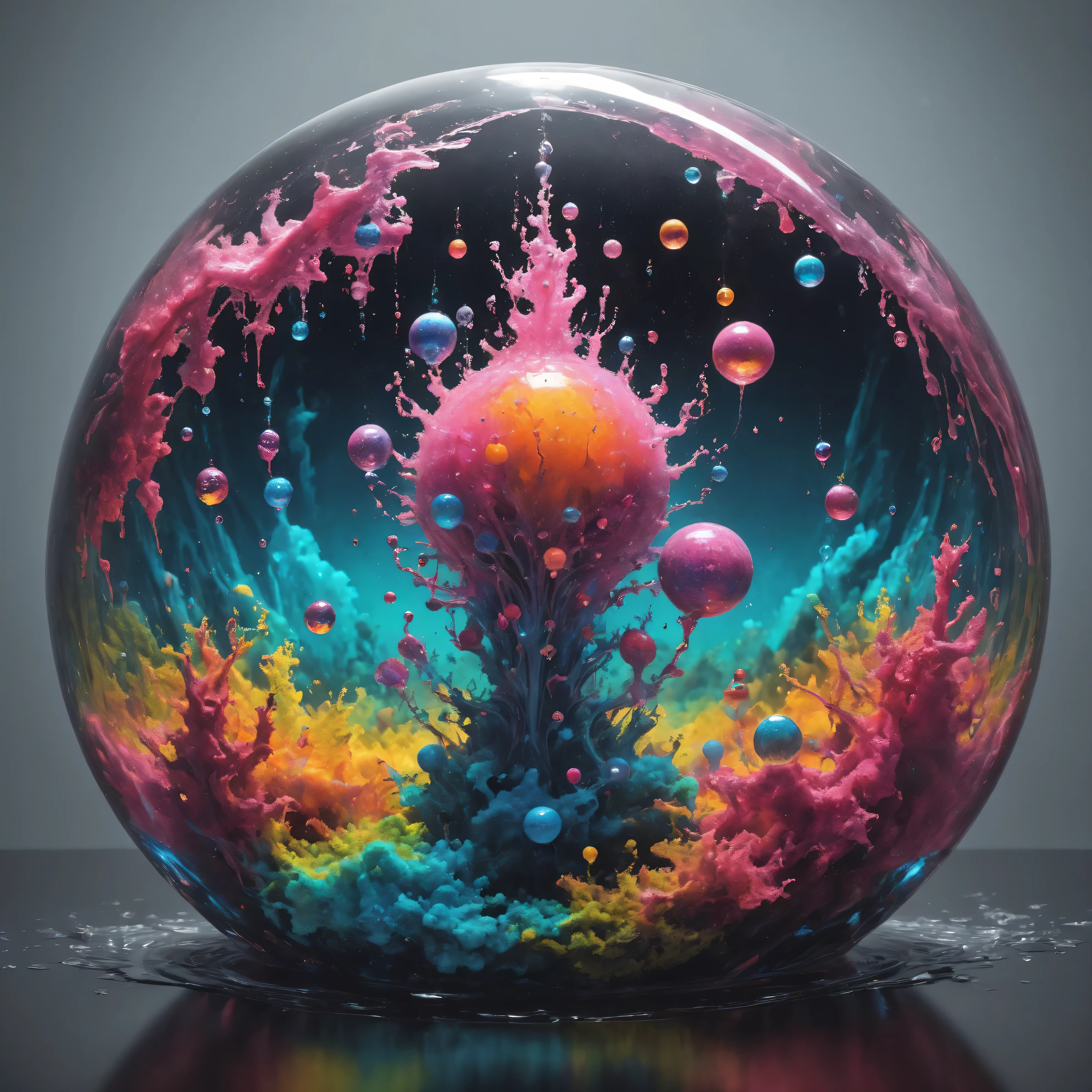 Ultra-realistic, ultra-detailed, photo-realistic, cinematic lighting, cinematic portrait, cinematic photography, portrait photography, cinematography, full focus, UHDR, hyperrealistic, 3D. Balls and orbs are quickly filling with multicolored liquid from melted candy pieces that soon overflow from one glass orb into another in a psychedelic dream, brought on by psilocybin and a fever. Perfectly formed 360° symmetrical glass spheres rise in an inky black liquid solution. The melting candy is heavier than the solution, and they are overflowing into glass spheres floating beneath them. When they reach a certain height, they catch on fire and spin counterclockwise to the ground where more spheres rise in their place. Beautiful psychedelic digital art, pixel art, neon colors, 4D mandelbulb psychedelics, glass-like psychedelic landscape, intricate rainbow colored candy melt environment. Black liquid background air bubbles rise and reflect light with psychedelic underwater brightness. LSD, DMT, Psilocybin, Mescaline, trails of color and light, bright fluorescent colors, psychedelic trip, fluorescent psychedelic aesthetic, psychedelic vibrant colors. Small portals blow bright bubbles up among the glass spheres. The bubbles are lighter and rise faster in bright psychedelic neon colors, colorful paint drips out of the bubbles as they rise high enough in 3D glory. Glass spheres melt into each other spilling out colours, visually disorienting, hallucination inducing, optical illusions a must, startling, stunning images, awe inspiringly, best quality wallpaper, Pixel Assets, Portrait photography, surrealism, Photorealistic, Hyperdetailed, Glass Morphism, Digital Art, Sparkle, Optical Illusion, Glowing Light, Reflection Light, Overexposure, God rays Backlighting, Depth Of Field, Rotational Symmetry, UHD, High Details, High Quality, Super Detailed, Best Quality, incorporate a lot of neon green, neon pink, and electric blue edging, trim and white lightning.