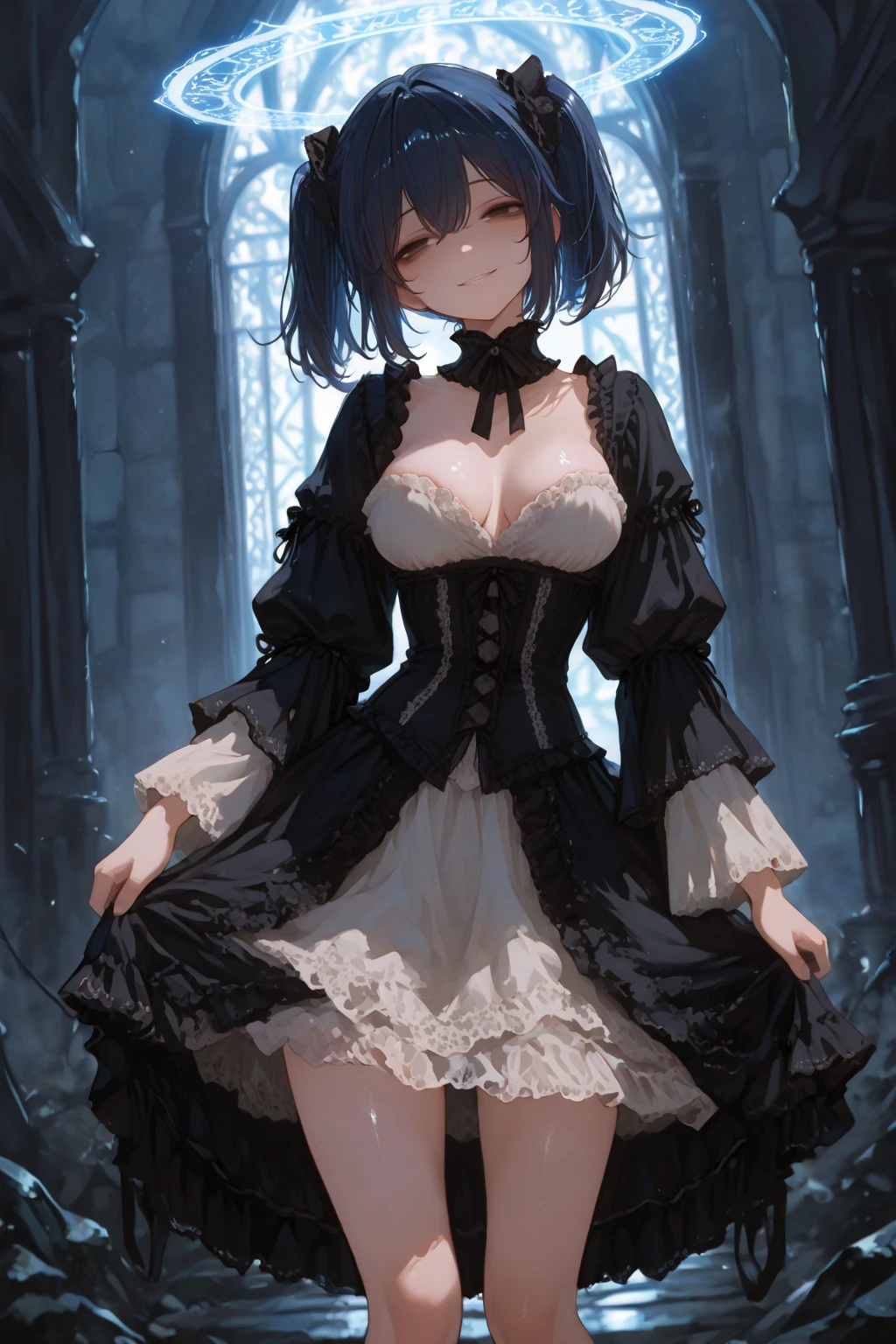 Highest Quality, ​masterpiece, beautifully detailed eyes, ?????????????, pale skin, standing, makeup, glossy lips, collarbone, forest, glosdy black hair, strapless corset, (fishnet stockings), full lips, collar, frills, wizard staff