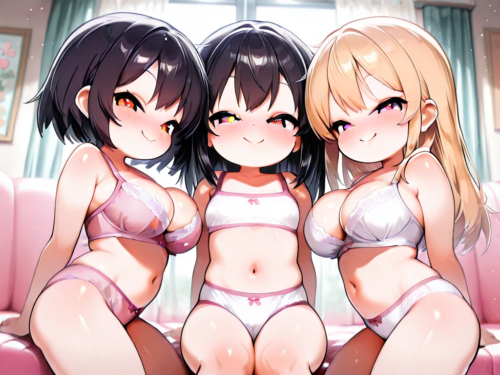 ((masterpiece, best quality, ultra quality, high quality, hyper detailed, intricate detailed, perfect ???????, shiny skin)), ((upper body:1.3)), (three women are posing for a camera ), (At the hotel, By the bed),  (Lift up your camisole), (???????:1.2),  (smile, shy, red cheek, blush), (Open your mouth:1.9),  Stand in line ,  brown hair, blond hair, navel, jewelry, looking at viewer, necklace, long hair, short hair, Abdominal muscles, (panties), straight hair, bob cut, blunt bangs, silky hair,  hair clip, hair band, hair ribbon, one-length haircut, ducktail, outward curled hair, French twist hair, twintails, side ponytail, single braid, wavy hair, 