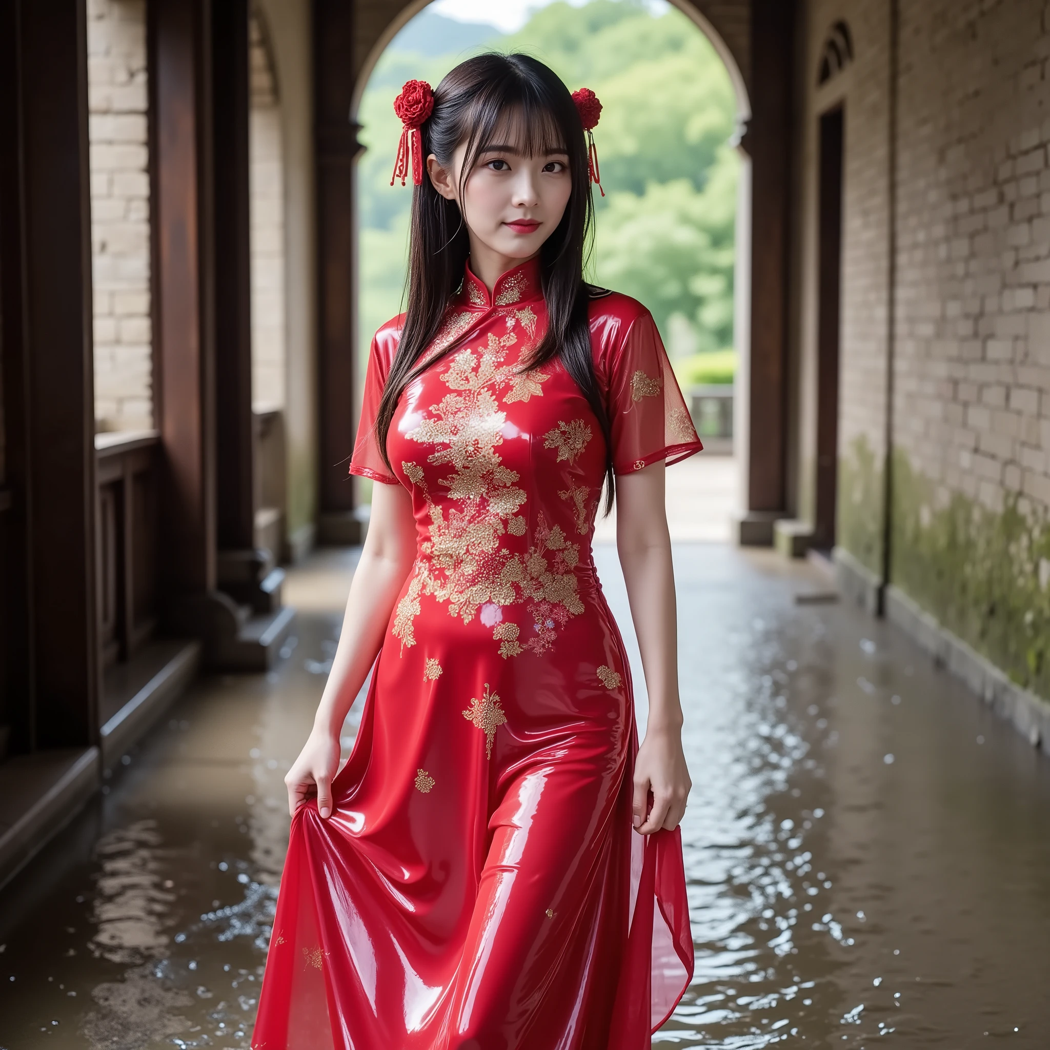 Famous Japanese idol、I'm wearing a glamorous Chinese-style dress with red and gold embroidery。Walking down the long hallway of the castle。The hem of the dress is wet and entangled in my feet、stopping with a troubled expression。Mossy Stone Wall、Tiny drops of water falling from the ceiling。There is an inexplicable light at the back of the monastery。professional lighting、Clear Details、cinematic composition。