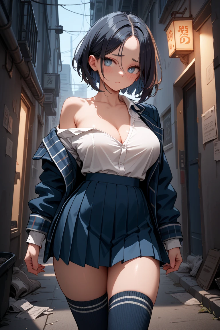 Highest quality , High resolution , Detailed CG , short hair , Navy blue sailor suit , Navy Blue Skirt , Modest chest , Black Hair , Two limbs , Optimal ratio , Embarrassed expression , Burning cheeks , In town , Narrow alley at night ,  are visible , touching one's own breasts with one's own hands ,  expression during 