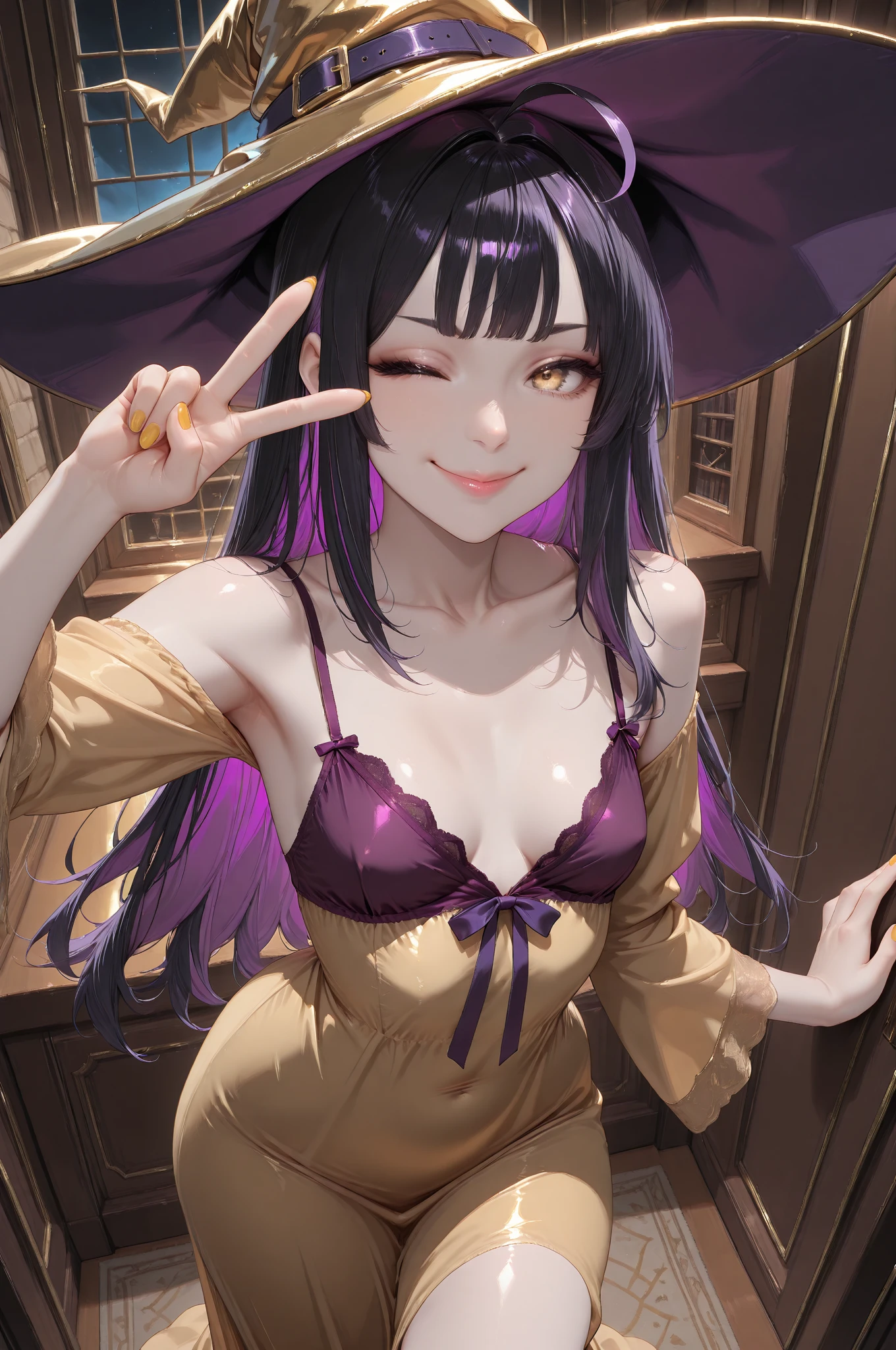 1 small girl, young, long brown hair, witch, purple witch hat, big witch hat, sexy, large breasts, sideboobs, loose robes,  bellybutton, happy expression, on the street