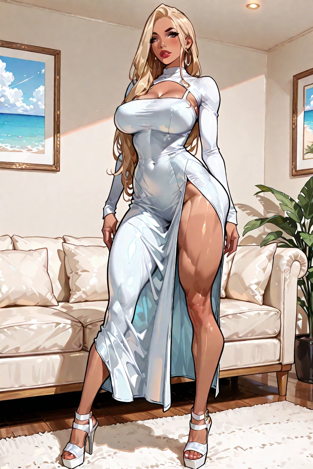 Elaborate CG artwork, (best qualtiy, exquisite detailing, absolute masterpiece), (Head to Toe Image)), ((Full body image)),((posterior view)),(opening legs),(Plus Size Model)),((White short cape with fur,Wearing ???? ???? gear)), (((mahogany colored dark skin))),(((Light silver hair))), ((shorth hair,Graduation Bob)),(solo,Beautiful with mahogany black skin、White short cape with fur,Wearing ???? ???? gear),Detailed beautiful mature face, very detailed beautiful face and eyes, (detailed seductive and sharp eyes), (plump shiny purple lips)), (Purple Eye Shadow), blush, (sadistic seductive smile), (Curvaceous), ( unbelievably huge curvaceous ????), (very huge sensual ???), (ridiculously massive thick thighs), (glittery skin), (wet oily skin), Fingernail Art, Jewelry, Bracelet, hoop earrings