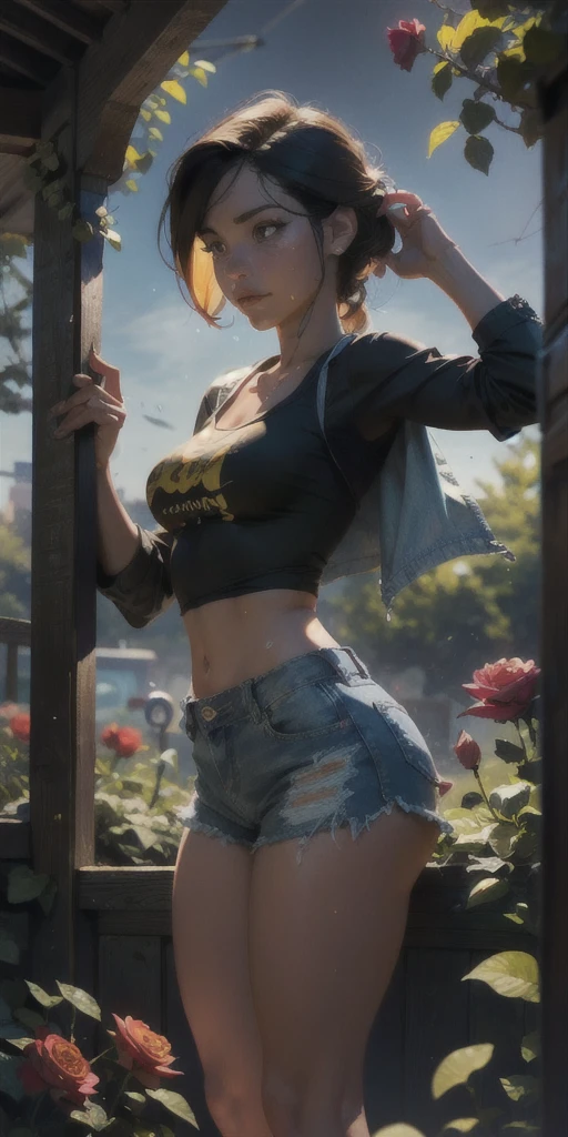 2076 year. The Urban Ruins of the Wasteland, Female huntress picking fruit in the garden, beautiful face, blonde, badly torn shirt and denim shorts ,  long legs, sweating through, sun rising, Nice warm colors, head to toe full body shot