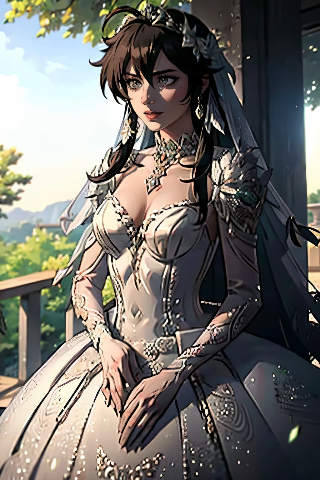 Ayra fe, hair between eyes, ahoge, black hair, star \(symbol\), hair ornament, ruffled tulle dress, cleavage, bare shoulders, collarbone, long white elbow gloves, white gloves, white dress, white choker, strapless, tiara, veil, strapless dress, wedding dress, bridal veil, beautiful woman, perfect body, perfect breasts, wearing a wedding dress, ball gown, in the park trees, wedding decorations, a warm smile, realism, masterpiece, textured skin, super detail, high detail, high quality, best quality, 1080p, 16k