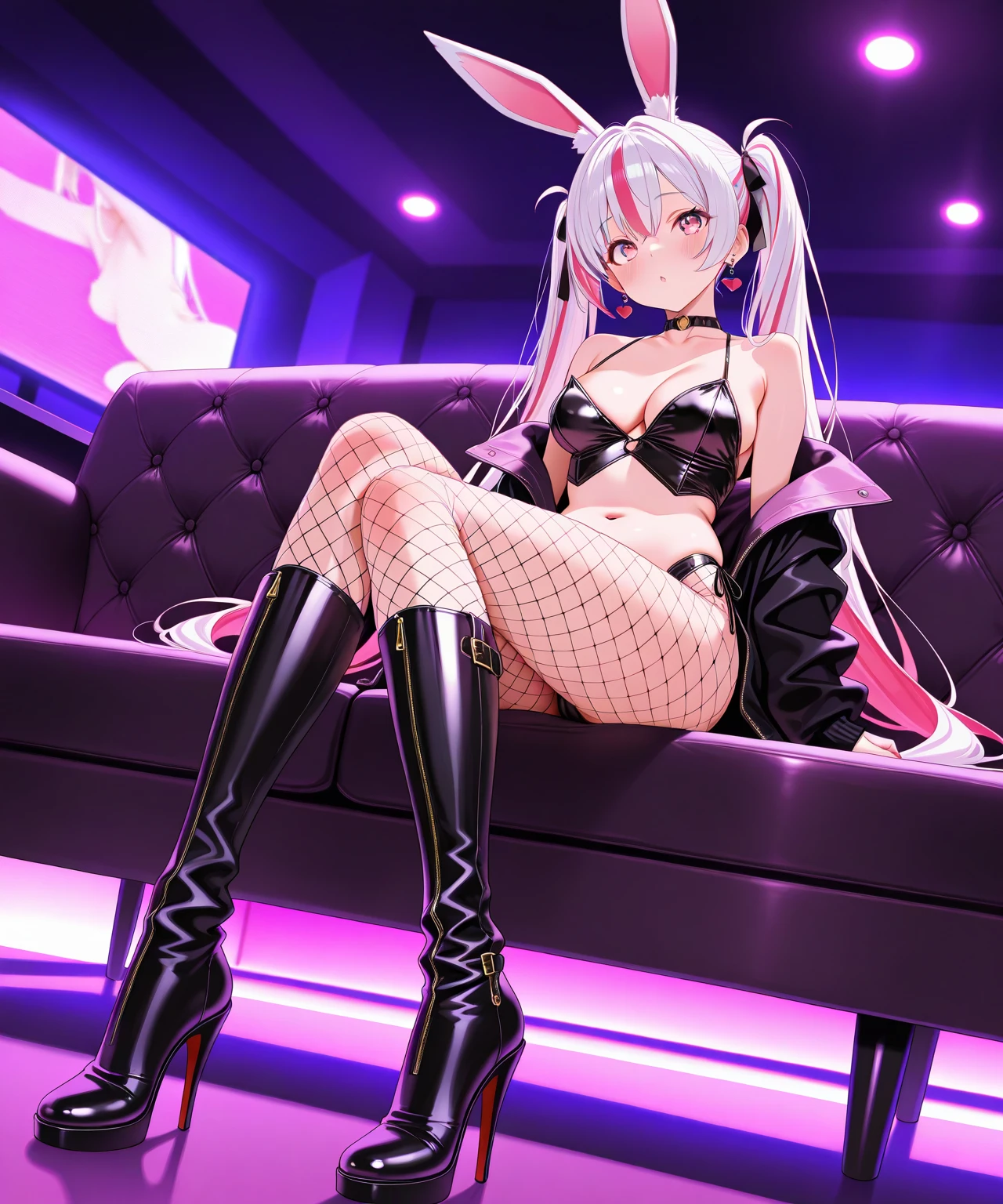 Rabbit tail, fake rabbit ears, pink gel coat, high split collar, black silk, white background, long legs, full body picture , crystal high heels, wet clothes
