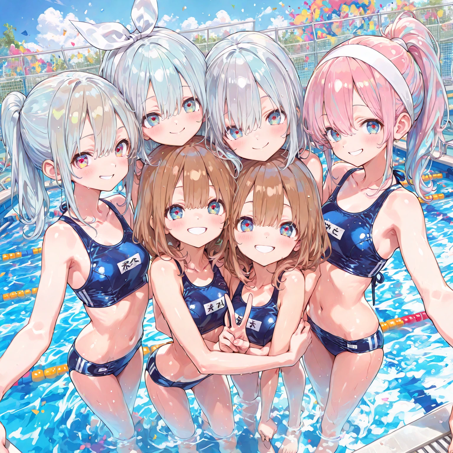 ((2D beautiful girl、top-quality、Perfect Finger 1.3、Perfect ??????? 1.3、extremely delicate and beautiful illustration))、cute petit girl、(transform sequence)、((light blue and white swimsuit))、12year old、Slender beautiful girl、Fractal Art、baby-face、((stright long hair))、big drooping eyes、A smile that showed teeth、Full Body Display、（3 persons）、long-sleeve、school poolside、