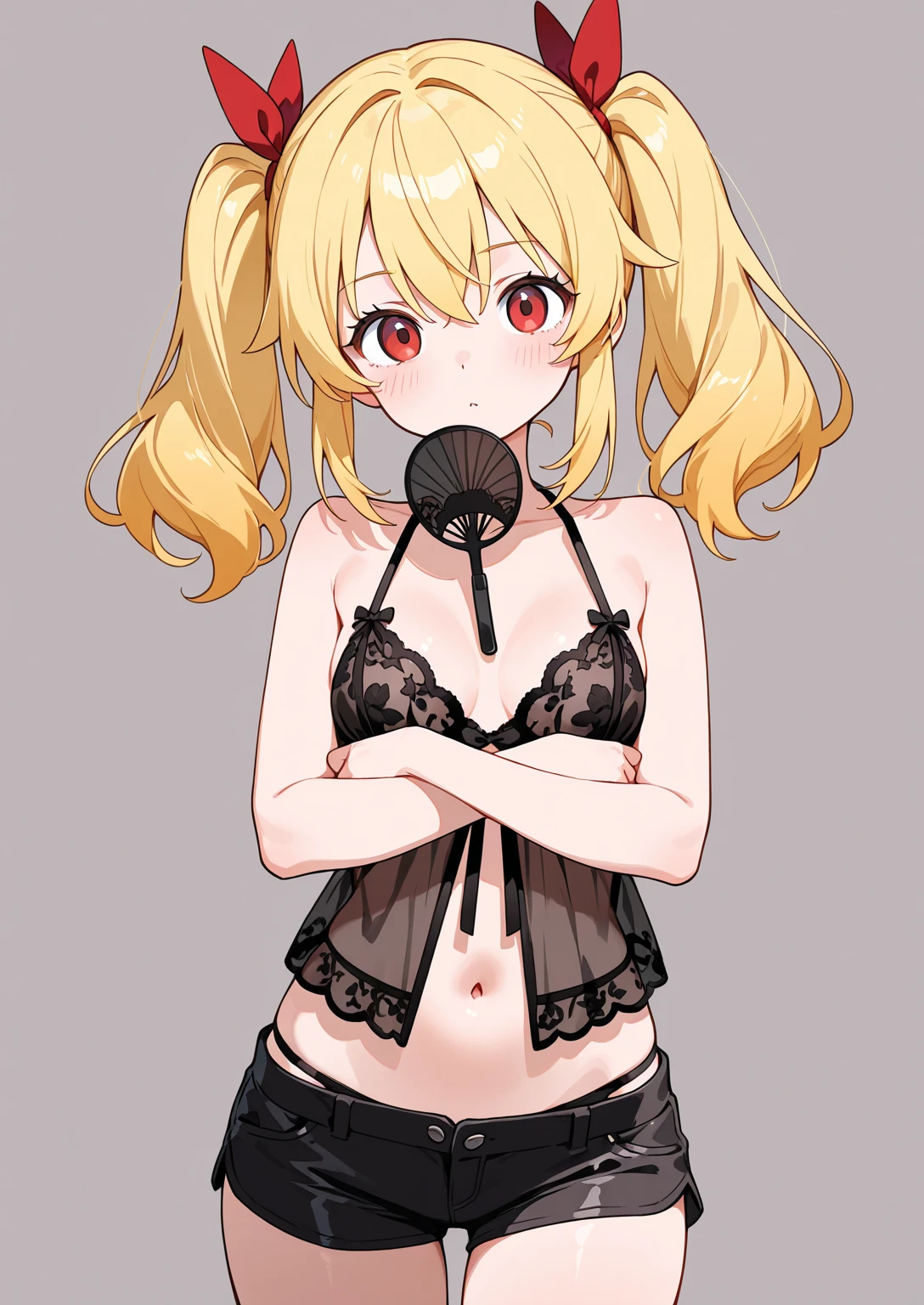 (best quality,4k,highres),sexy demon ,open denim shorts,white wet t-shirt,bare midriff,underboob,batwings,dracula fangs,gazing at viewer,portraits,vivid colors, Blonde hair,dark and atmospheric lighting, Viewer Looking Down at her, Top Down Point of view, 