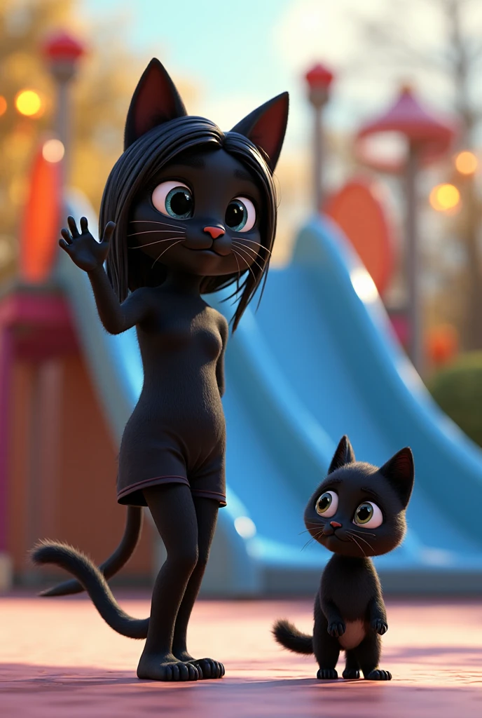 (8k, RAW photo, best quality, masterpiece:1.2), (intricate details), (best quality), (highres), ((perfect eyes)), perfect face, perfect lighting, vivid colors, intense colors, 1girl, cartoon style, vanessadoof, brown hair, blue eyes, happy face, black clothes, ass,  lines, back view, looking on viewer 