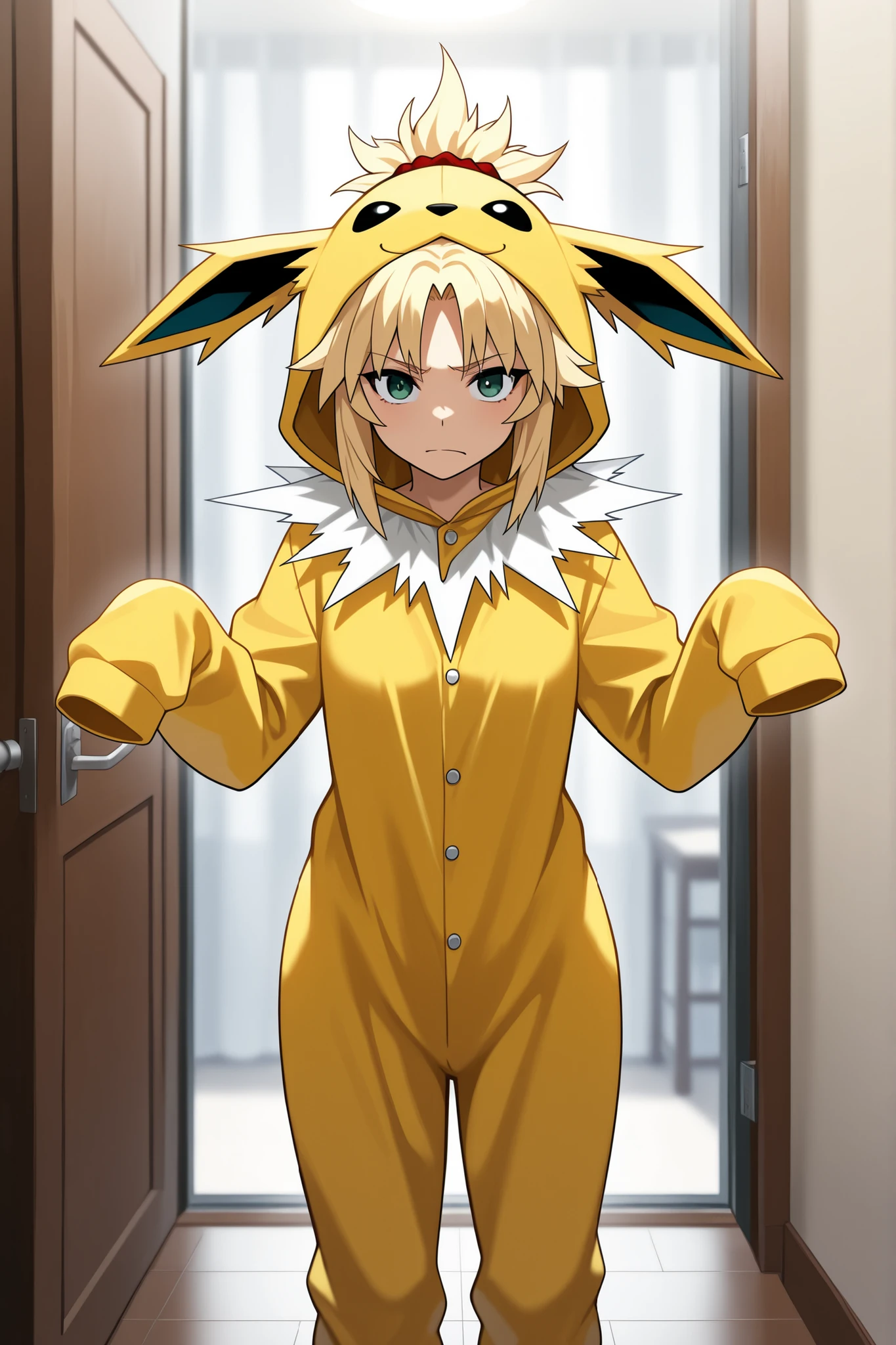 1stMd, blonde hair, loose hair, high resolution image, masterpiece, the best quality, amazing quality, Mordred, 1girl, blonde hair, jolteon cosplay, jolteon kigurumi