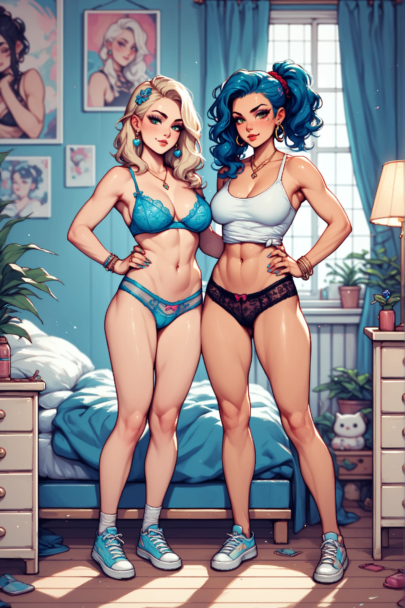 Two conjoined women, Queen playing card conjoinment and looking at each other, Black and white T-shirt，a skirt，Bracelet，black hair ornament，Silver blue hair，Blushlush，Semi-closed Eyes，Glowing blue eyes，Black hat，cat ear，Earphone，portraitures，Long flowing hair，Bangs and eyes，eye glass