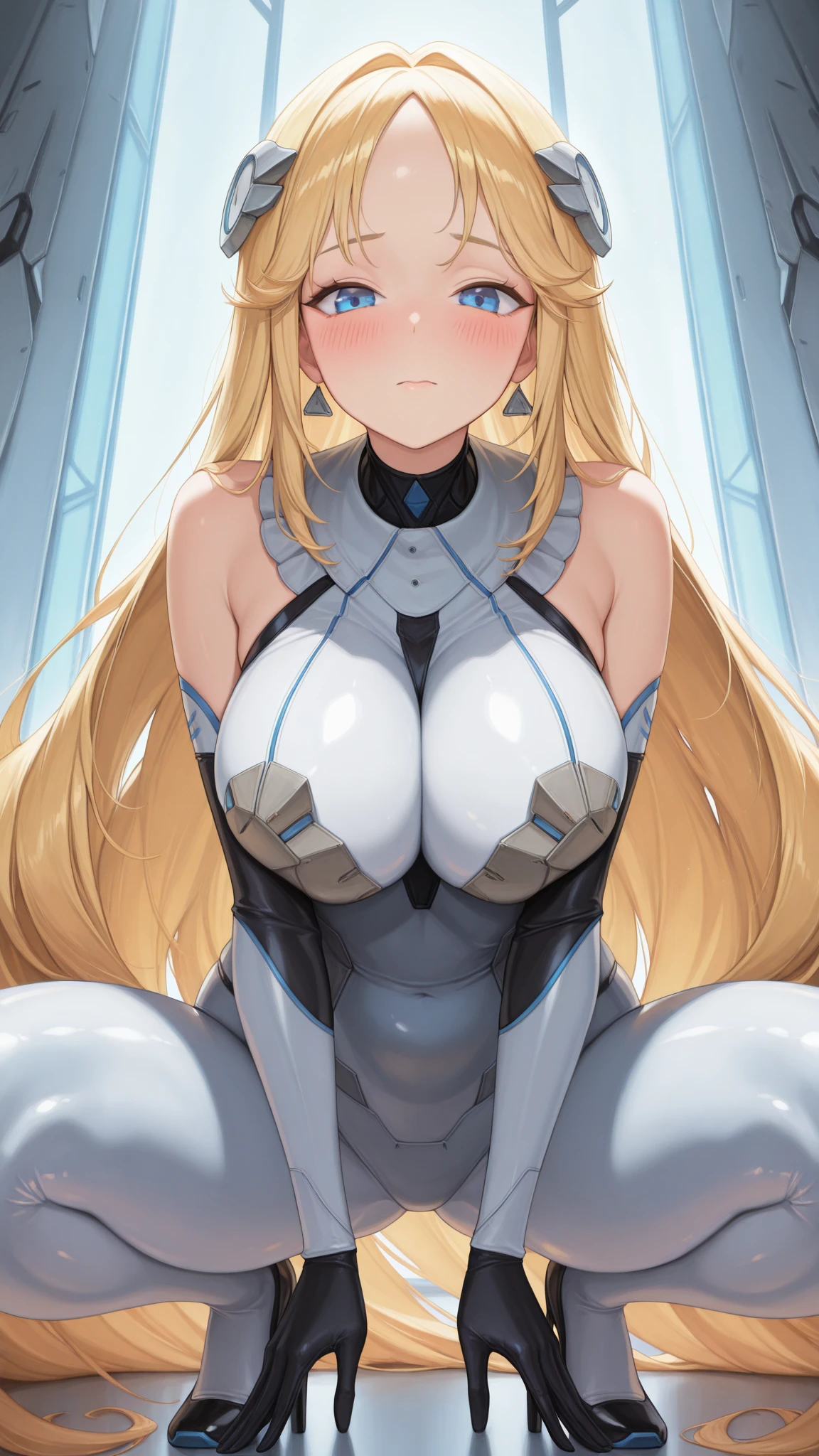 sensual, long blonde hair, thick thighs, 8K, 4K, highest quality, High resolution:1.2), cute anime face, noise reduction, shining blue eyes, gentle smile, Gentle eyes、wearing a headband, naked, toned abdominal muscles, muscular arms, muscular legs, (((exposed nipples))). , young face, anime chic eyes, white bodysuit, white rubber suit,white panties, Lock,,O-ring,elbow bag,collar,cuffs ,thigh strap,thigh boots, Harness、全身Harness、garter belt、Rear view、emphasize the buttocks、T-back that digs into your butt