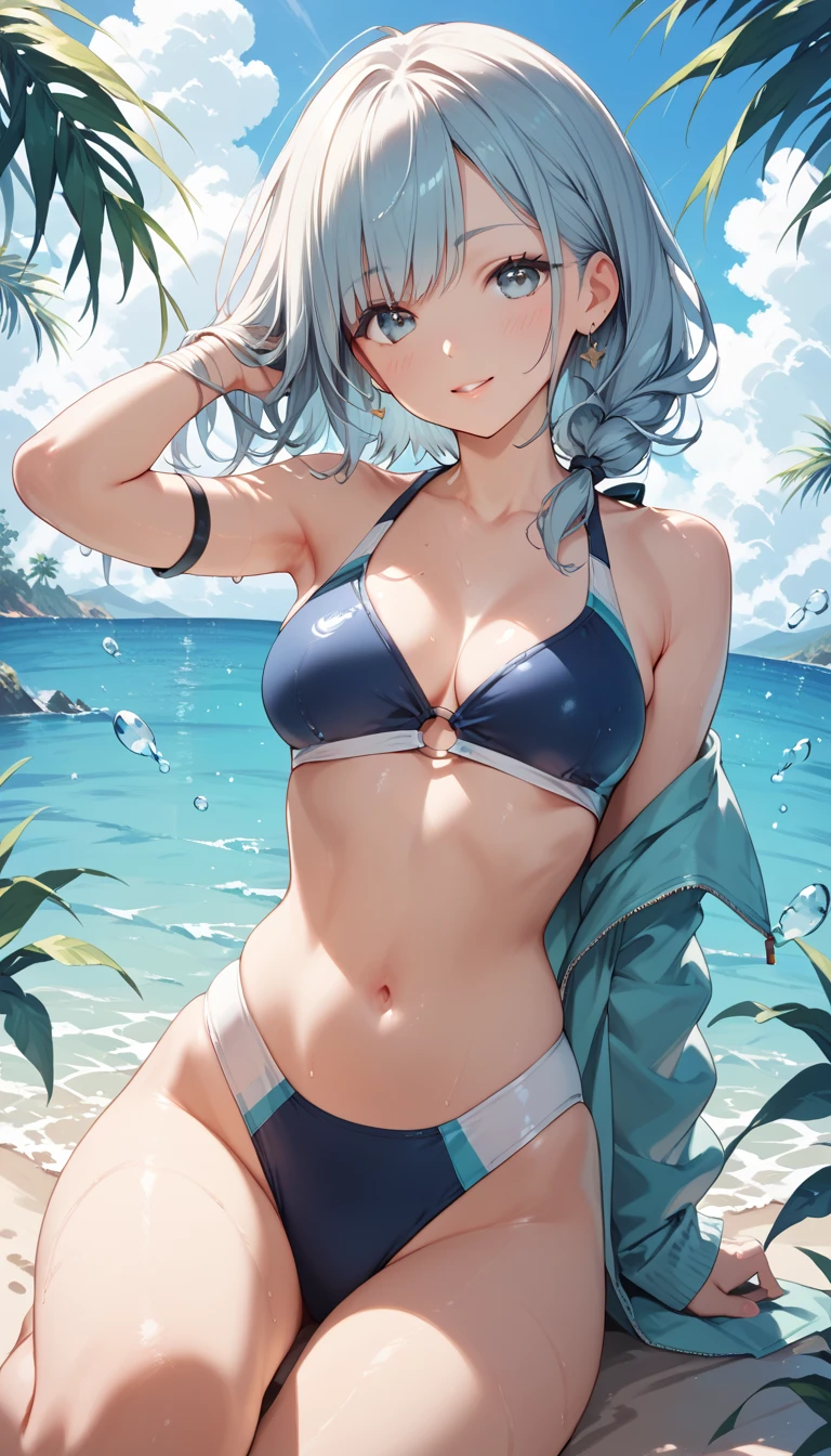 4K,8k,High resolution,
One beautiful young woman,Light blue hair、ponytail、
(Soft Saturation:1.3), (Fair skin:1.2),
(ultra-Detailed Background, Detailed Background), Bokeh,
break'Smiling portrait.,
When viewed from the front, The composition is symmetrical,
Looking straight at you with serious eyes,
break Swimwear, Strap ??????, Center of ?????, 
Outdoor, Sea surface, null, sunlight,Summer beach, Sandy Beach,
Strong light, Front lighting, 
(Teen:1.3), (Cowboy Shot:1.2),
Front brake angle,
View your viewers,
Dynamic pose,
sitting on the beach

Seaweed、Seaweed、Seaweed、Seaweed、Seaweed、Seaweed、Seaweed、