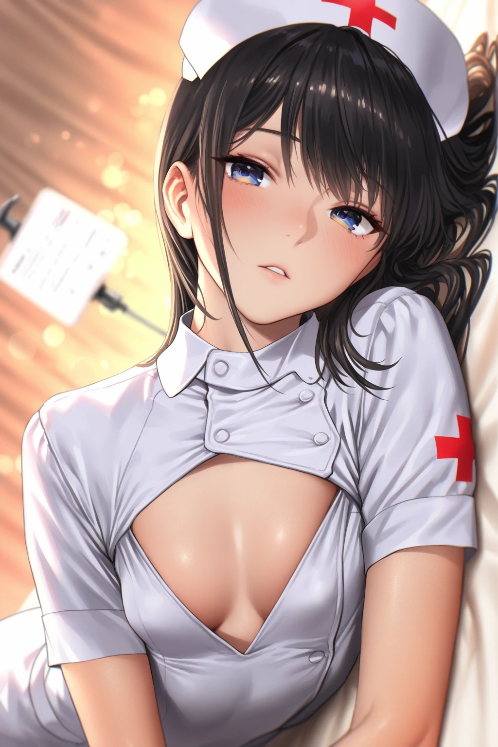 big, highres,white lingerie,(in heat,vulgarity:1.8),1girl, (1boy,trembling,big penis,excessive  ,pojecile cum,cum in :1.2),pov, on breasts,(large breats,pointy breasts),((dangle earrings)), , taking a on her face, string ,,,  pose,top-quality、Full limbs、complete fingers、1 beautiful woman、beautiful detailed eyes、super detailed skin、sweat、oil、Slender beauty、straight haired、blown hair、french braid、blunt bangs、head tilt、((black Nurse bikini、covered erectile nipples、very skinny))、cleavage、black nurse hat、White pantyhose、hospitals、Hospital Room、on Patient bed、(stethoscope)、((((vulgarity))))、spoken heart、（light dark skin：1.4）、