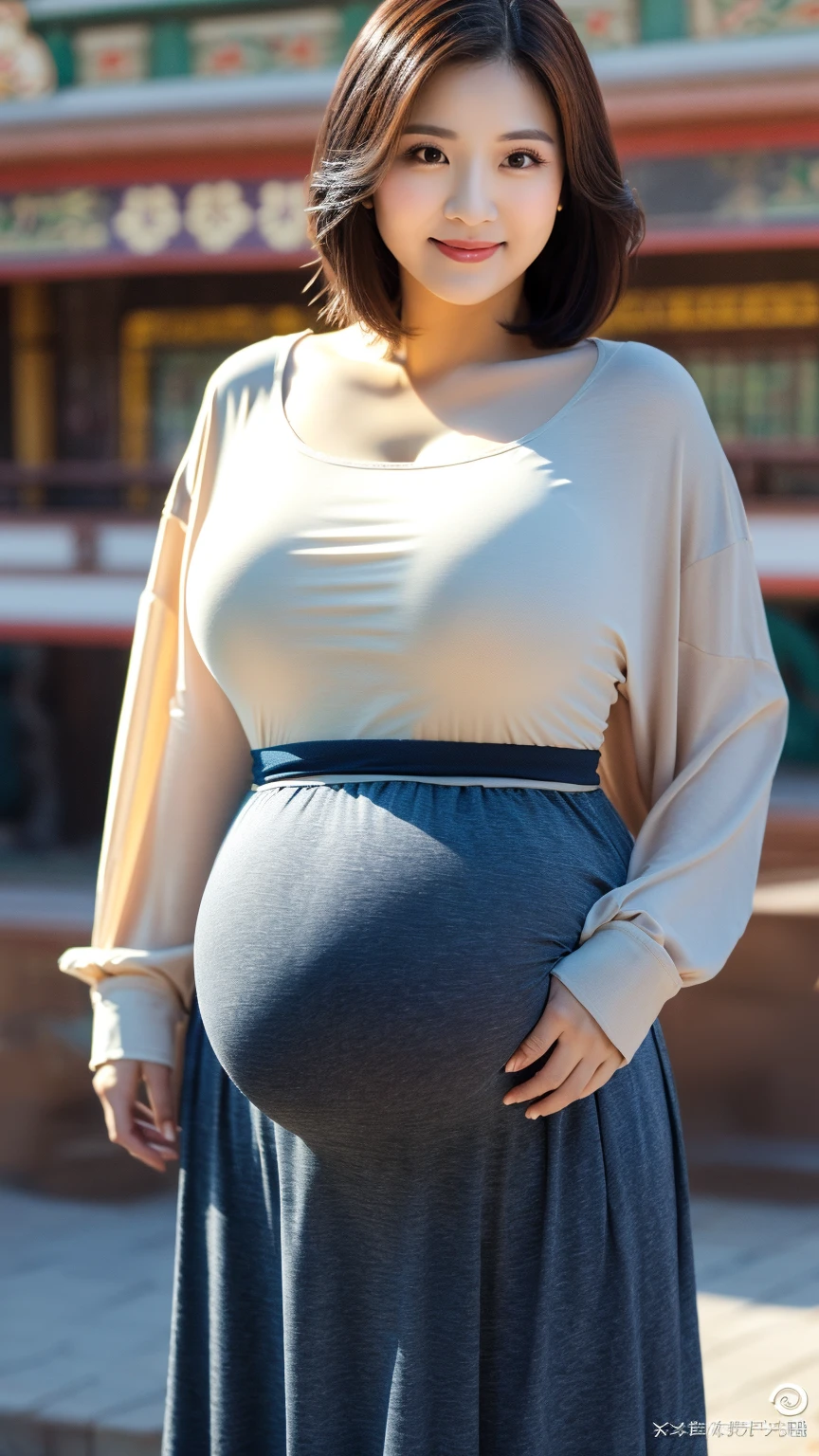 Black leather coat, big belly, brown hair, holding belly