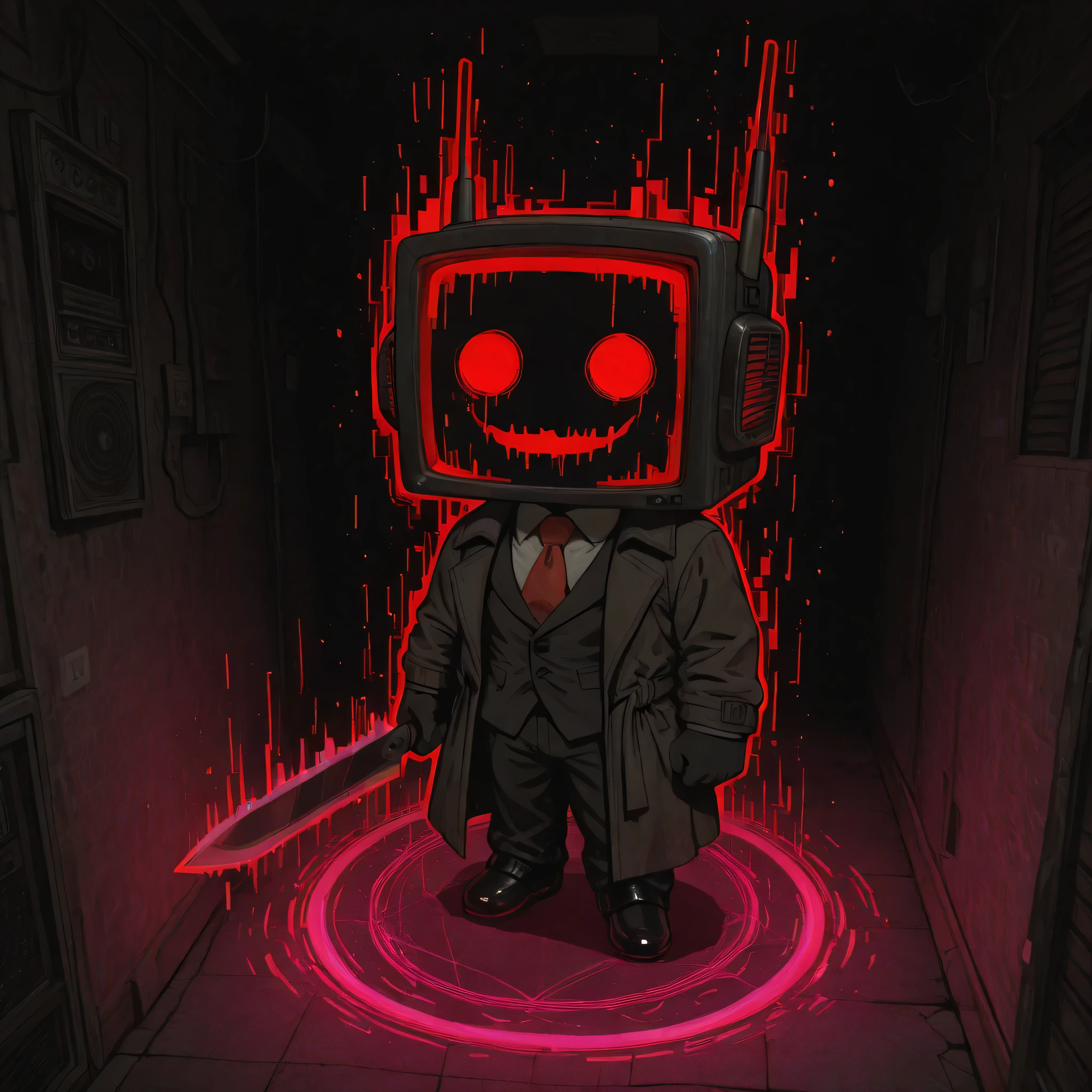[The Horror Radio], (masterpiece, best quality:1.2), (high detail, sharp lighting), 
solo, 1boy, craze_face, radio_head, vintage television face, glowing circle eyes, glitch_face, holding a cyber blade, chibi, digital distortion, pixel fragments, static effects, pink lights inside screen, robot_skin black, long trench coat blowing backward, suit, red tie, black gloves, (floating), closed_eyes, 

dark electronic horror theme, cinematic tension, high BPM energy, 
glitch streaks, digital noise particles, neon reflections on floor,
spotlight from above, shadow under feet, foggy background, 
dark alley ambience, radio-static aura, thriller chase tone,

(clean composition), (album cover framing:1.1).
