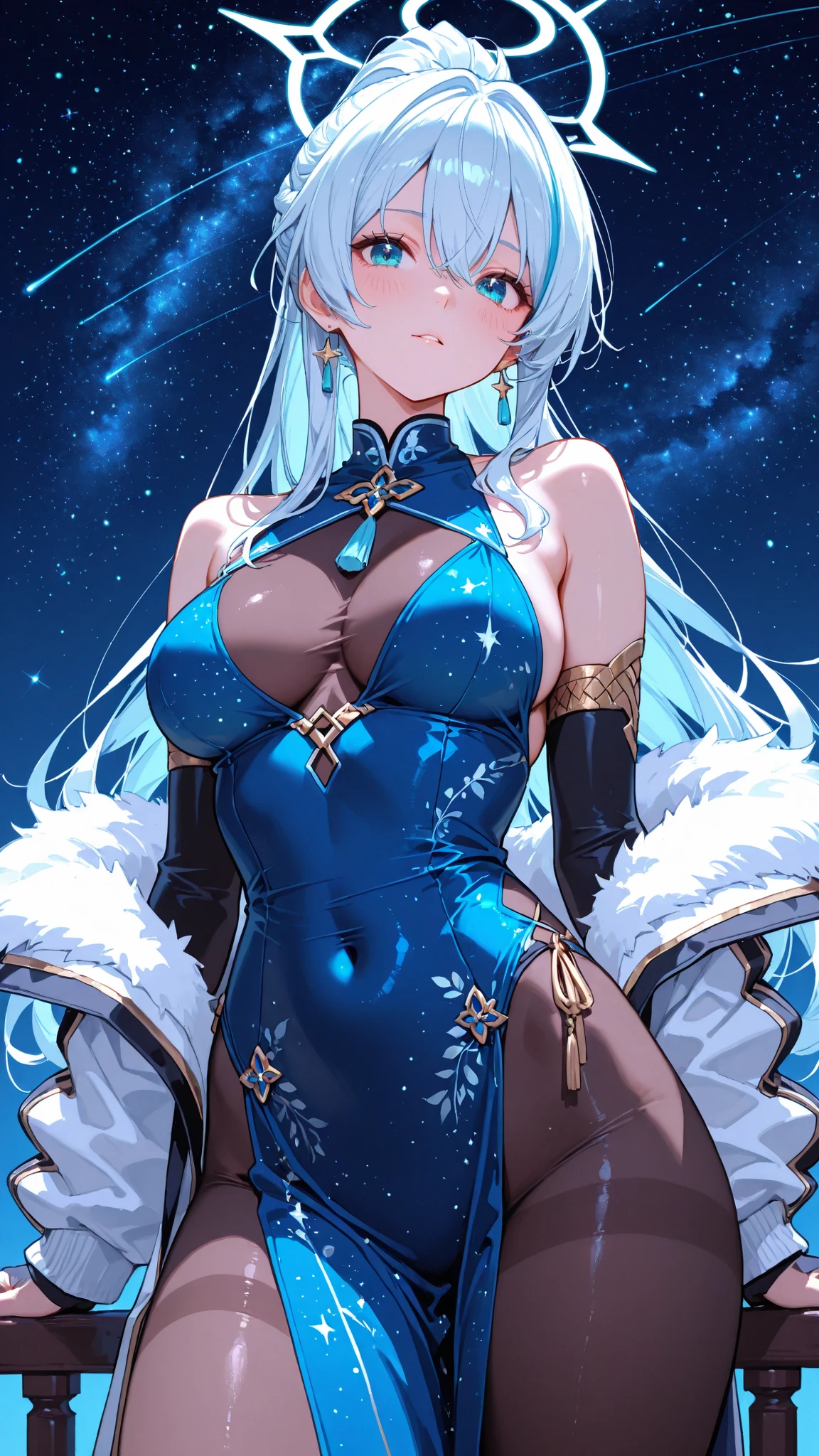 pH Armor, 1girl, 独奏, Jewelry, earings, Long hair, gray hairs, Bangs, drill hair,  shoulders, gray eyes, thigh boots, thights, thights, Hair between the eyes, knee boots, elbow gloves,Sleeveless, black gloves, twin drills, belt, leggins, whitedress, pectorals, small breasts, black footwear, long sleeves, (Masterpiece:1.2, Best Quality), (finely detailed beautiful eyes: 1.2), (Detailed background,Dark Fantasy), (Beautiful Detail Face), High contrast, (better lighting, extreamly delicate and beautiful), ((cinematiclight)), Colorful, Hyper Detail, Dramatic light, intricate details, (sharp face hair between eyes,Dynamic Angle), army in the background, winter storm
