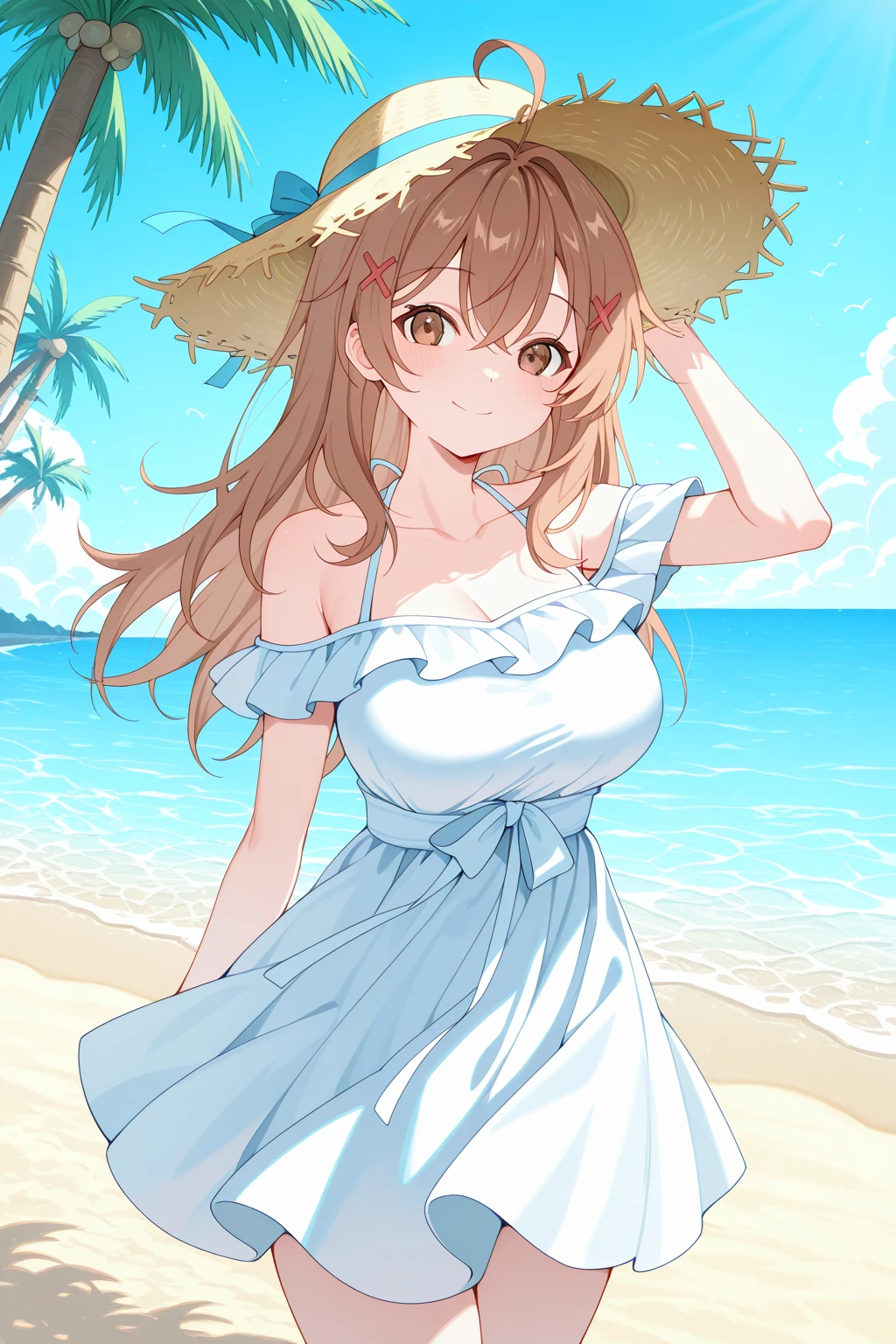 absurdres, 1girl, ocean, railing, white dress, sun hat, smile,