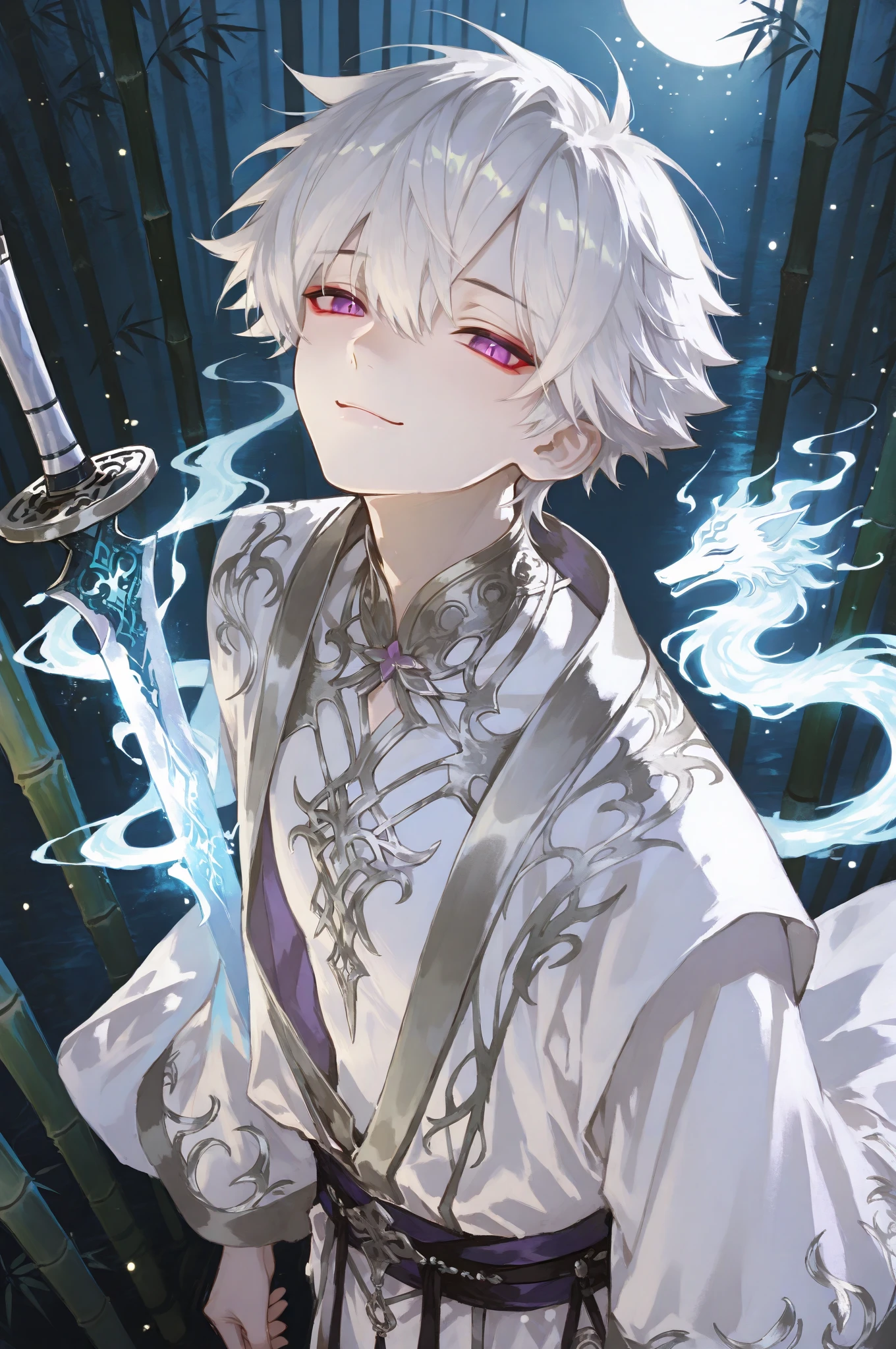 absurdres, highres, ultra detailed, HDR, master piece, best quality, Tsurumaru Kuninaga, white hair, expressive yellow eyes, white eyelashes, Touken Ranbu, solo,  man, handsome, white clothes, fantasy, shining, water, pink flowers, pink blossoms, pink butterflies, pink petals