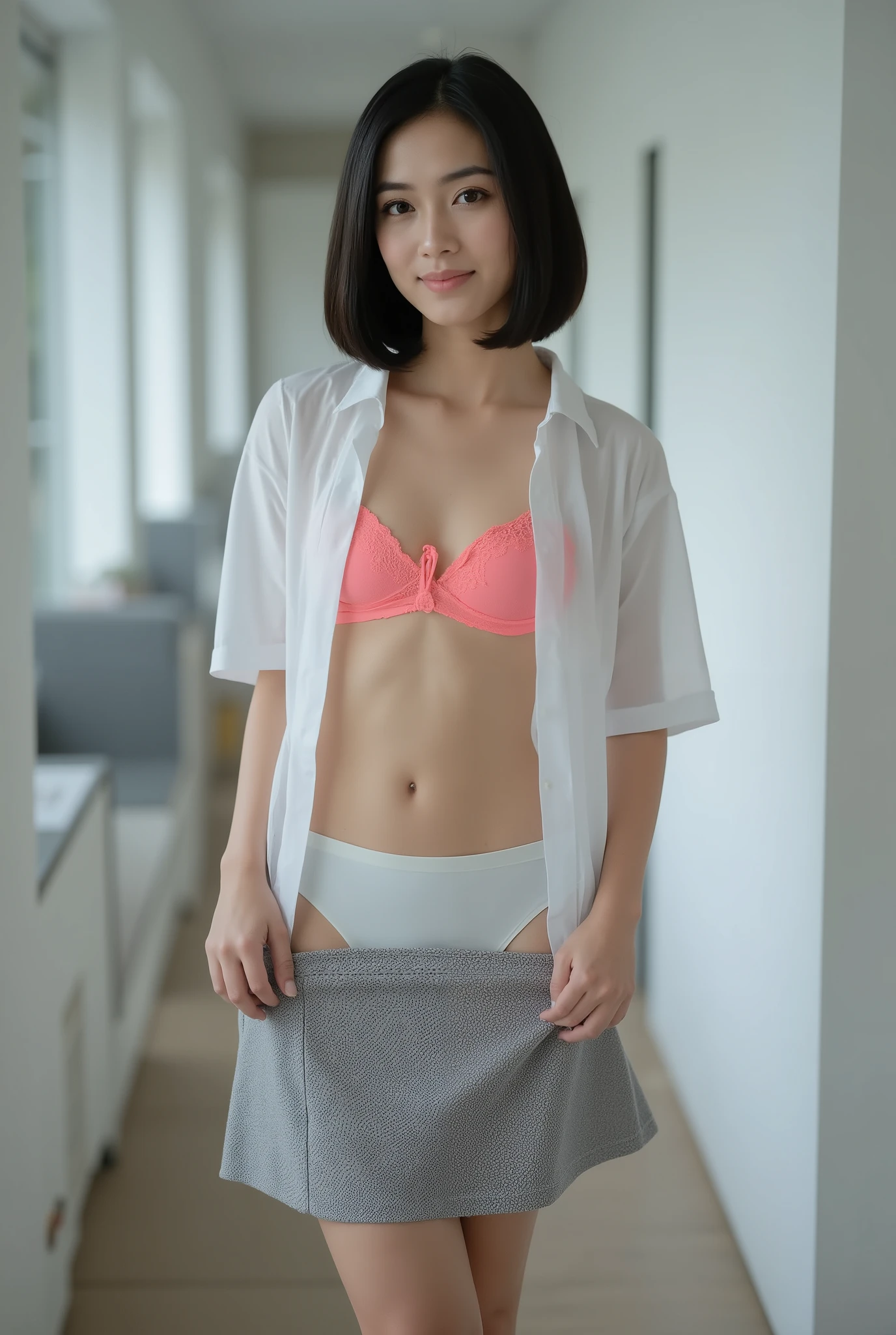 whaletail,fullback,panty slip,thin skinny girl, slender body, briefs, thai young girl, open white collared shirt short sleeves ,  thai school uniform, short grey pencil skirt , with a visible soft red bra underneath, reveal pink lace bra, white tight briefs, open skirt. topless. off shoulder. transparent. small tits. both hand lift up skirt reveal white tight hipster . She is striking a cute pose along the aisle . topless. showing tight hipster briefs . skirt pull down. , topless. her skirt are sliding down . tight office skirt pull down large tight hipster briefs