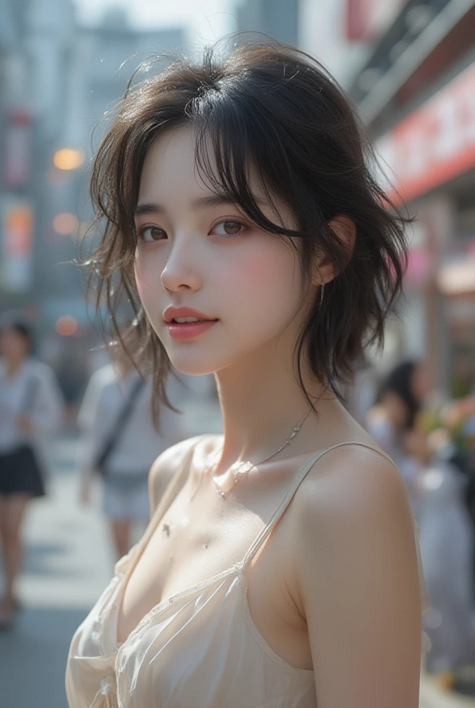 Best quality, masterpiece, ultra high res, (photorealistic:1.5), raw photo, 1girl, offshoulder, in the dark, deep shadow, low key, cold light, sexy look, short hair