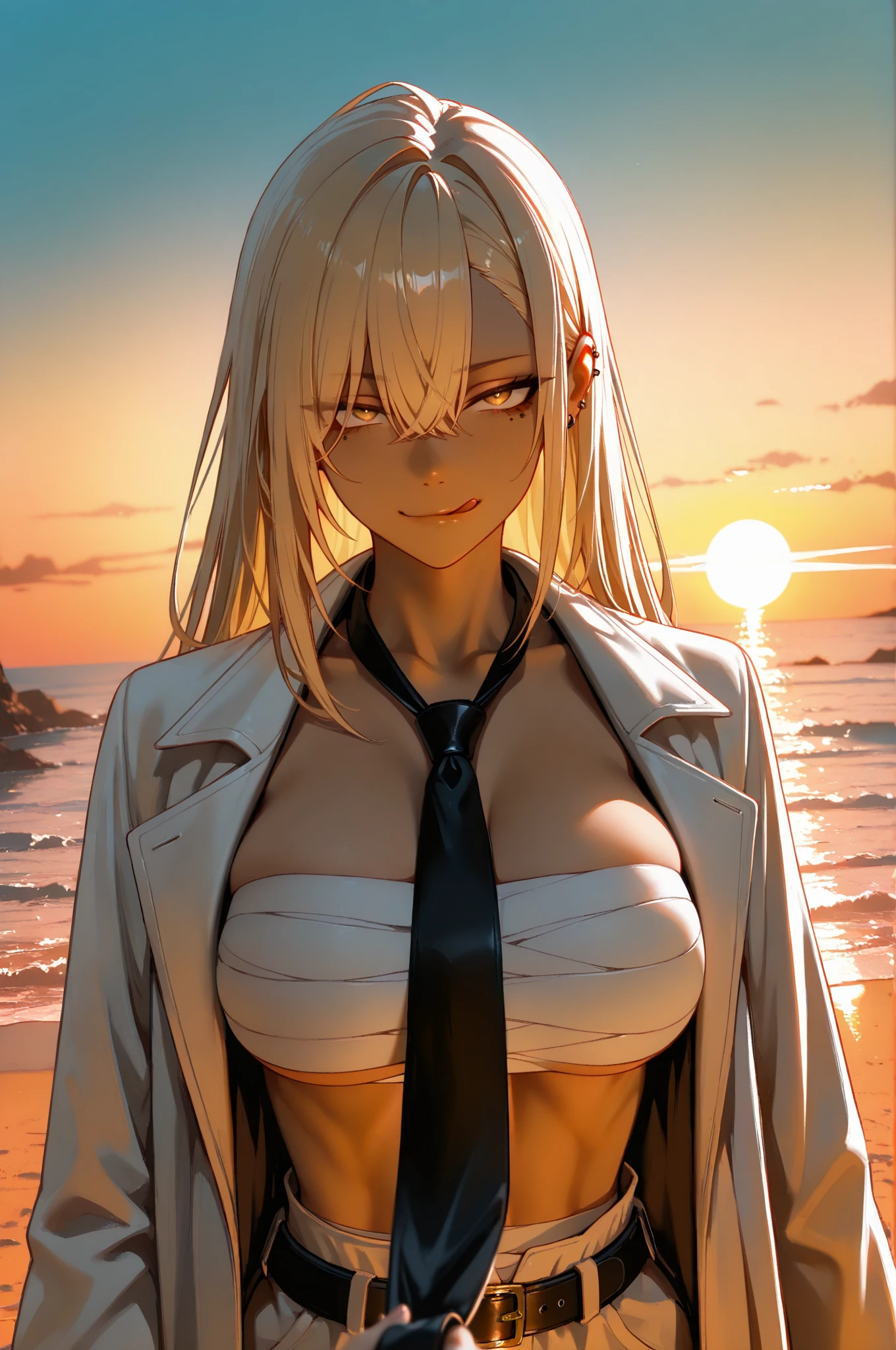 Unbelievably absurd, highest quality, Free Fit, Anime characters, girl, 18-year-old, Improve, Tomboy, Dark Skin, Blonde, Mordred Haircut, blue eyes, White , White panties, Jeans jacket, Happy, Grab a beer on the beach, 4K (Detailed background depicting swirling rose petals in a dark and gloomy atmosphere). CG, Unity, Wallpaper 4K, Very detailed
