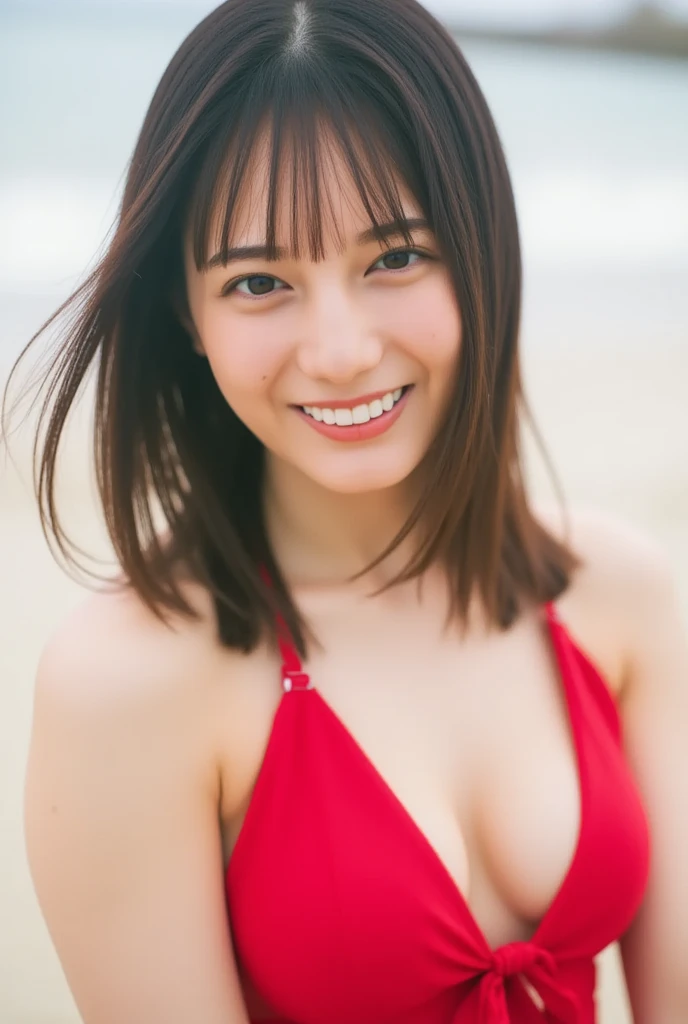 muste piece, highest quality, figure, Super fine, be familiar with, High resolution, 8k wallpaper, 完璧なダイナミックな構figure, Upper body, Beautiful eyes in every detail, Women in their 30s, She is a Playboy model, natural lips, Red swimsuit, , asian woman,