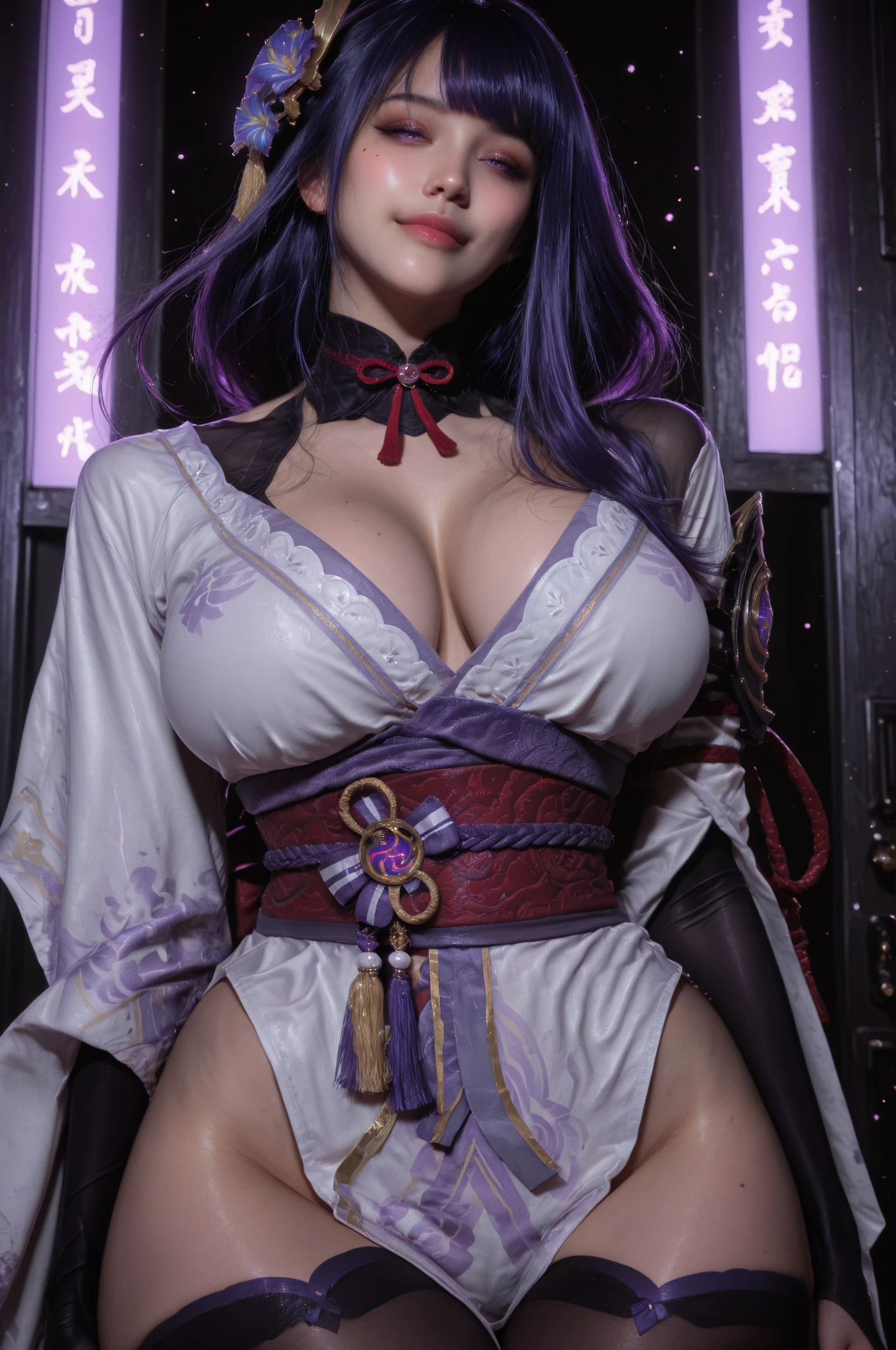 (masterpiece best quality), Realistic, (Real picture, Intricate details, Depth of field), (1girll, Solo), Mouth open，seductiv， highly  detailed, Perfect face,Refined face (gigantic cleavage ：1.3), (skin indentation), （Pasture cowsheds covered with pastures），Heartbeat Racing Viewpoint，Thick thighs, Wide , Small waist, facing at camera，Raised sexy，Open your feet，Mature face，a matural female，Gorgeous Hair in Long Purple，Erotic clothing，open waist，Over-the-knee boots，Production plant，dairy cattle