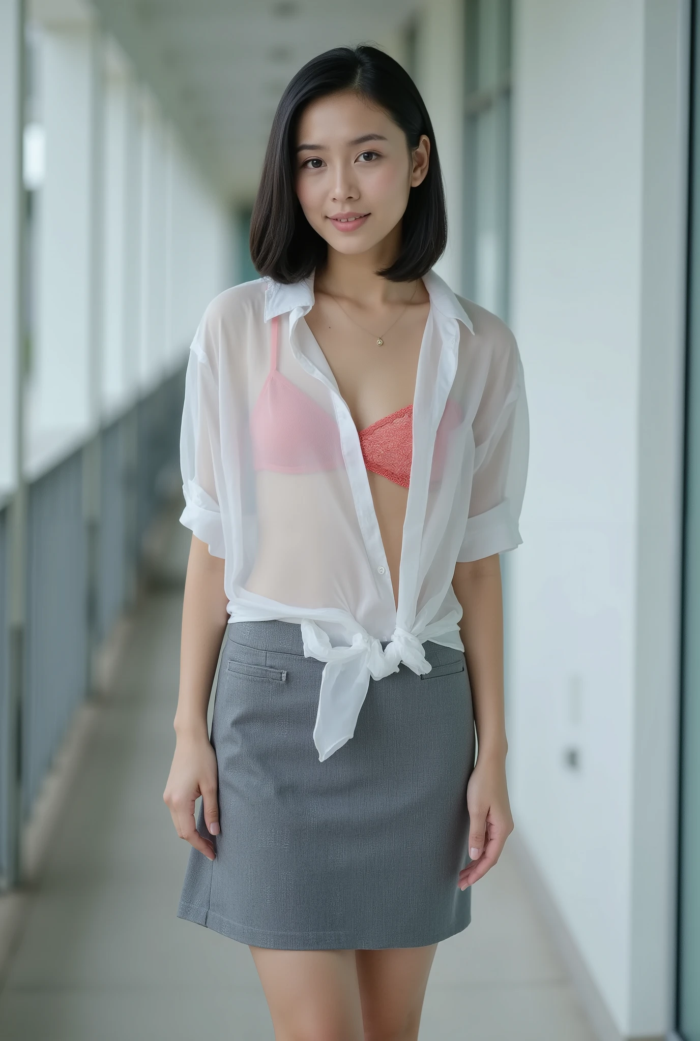 whaletail,fullback,panty slip,thin skinny girl, slender body, briefs, thai young girl, open white collared shirt short sleeves , thai school uniform, short grey pencil skirt , with a visible soft red bra underneath, reveal pink lace bra, white tight briefs, open skirt. topless. off shoulder. transparent. small tits. both hand lift up skirt reveal white tight hipster . She is striking a cute pose along the aisle . topless. showing tight hipster sheer briefs . skirt pull down. , topless. her skirt are sliding down . tight office skirt pull down large tight hipster sheer briefs