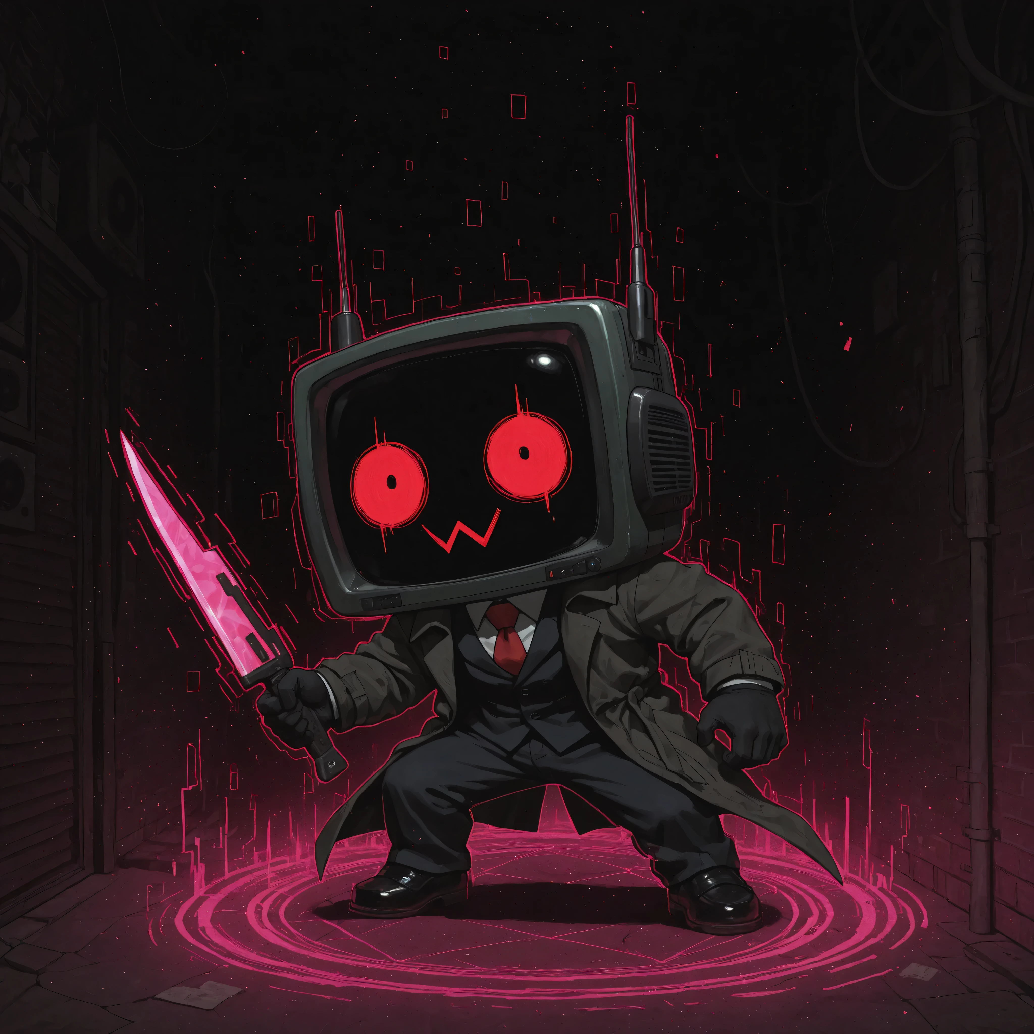 [The Horror Radio], (masterpiece, best quality:1.2), (high detail, sharp lighting), 
solo, 1boy, craze_face, radio_head, vintage television face, glowing circle eyes, glitch_face, holding a cyber blade, chibi, digital distortion, pixel fragments, static effects, pink lights inside screen, robot_skin black, long trench coat blowing backward, suit, red tie, black gloves, dynamic leaning-forward pose, chase energy, intense motion blur, wind pressure on coat, adrenaline atmosphere, fast-paced mood, 

dark electronic horror theme, cinematic tension, high BPM energy, 
glitch streaks, digital noise particles, neon reflections on floor,
spotlight from above, shadow under feet, foggy background, 
dark alley ambience, radio-static aura, thriller chase tone,

(clean composition), (album cover framing:1.1).
