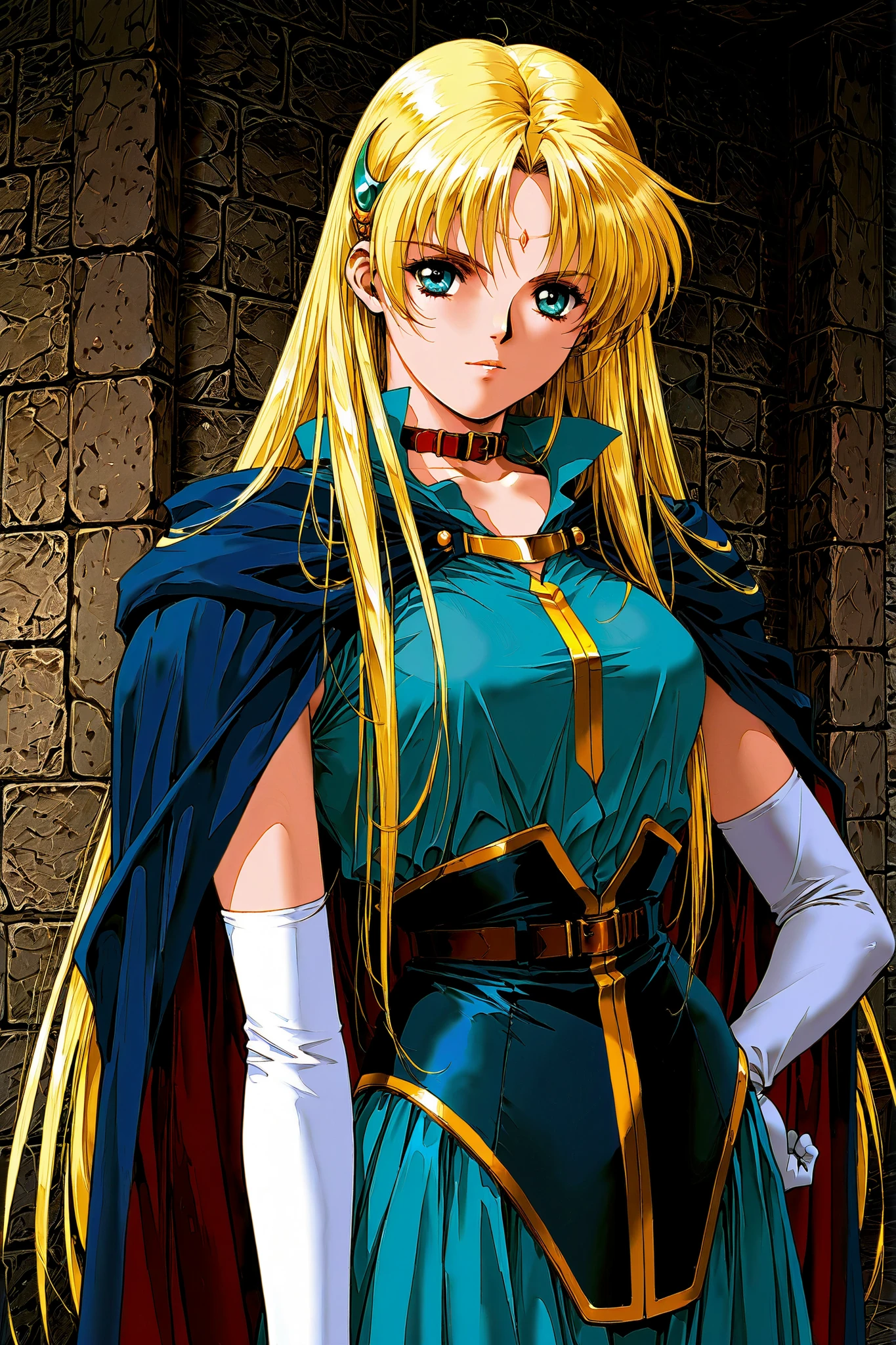 Sharon, Fair skin, solo, ((a young girl)),(rin sin style),(game cg style), from little side,
Blonde hair, long hair, hair ornaments, blue cloak, bule eyes,
upper body, slim, standing, left hand on hip , Grab hip,
(tilt body), blue green shirt, Mid-sleeve, Collar stands up, blue green skirt, White arm covers