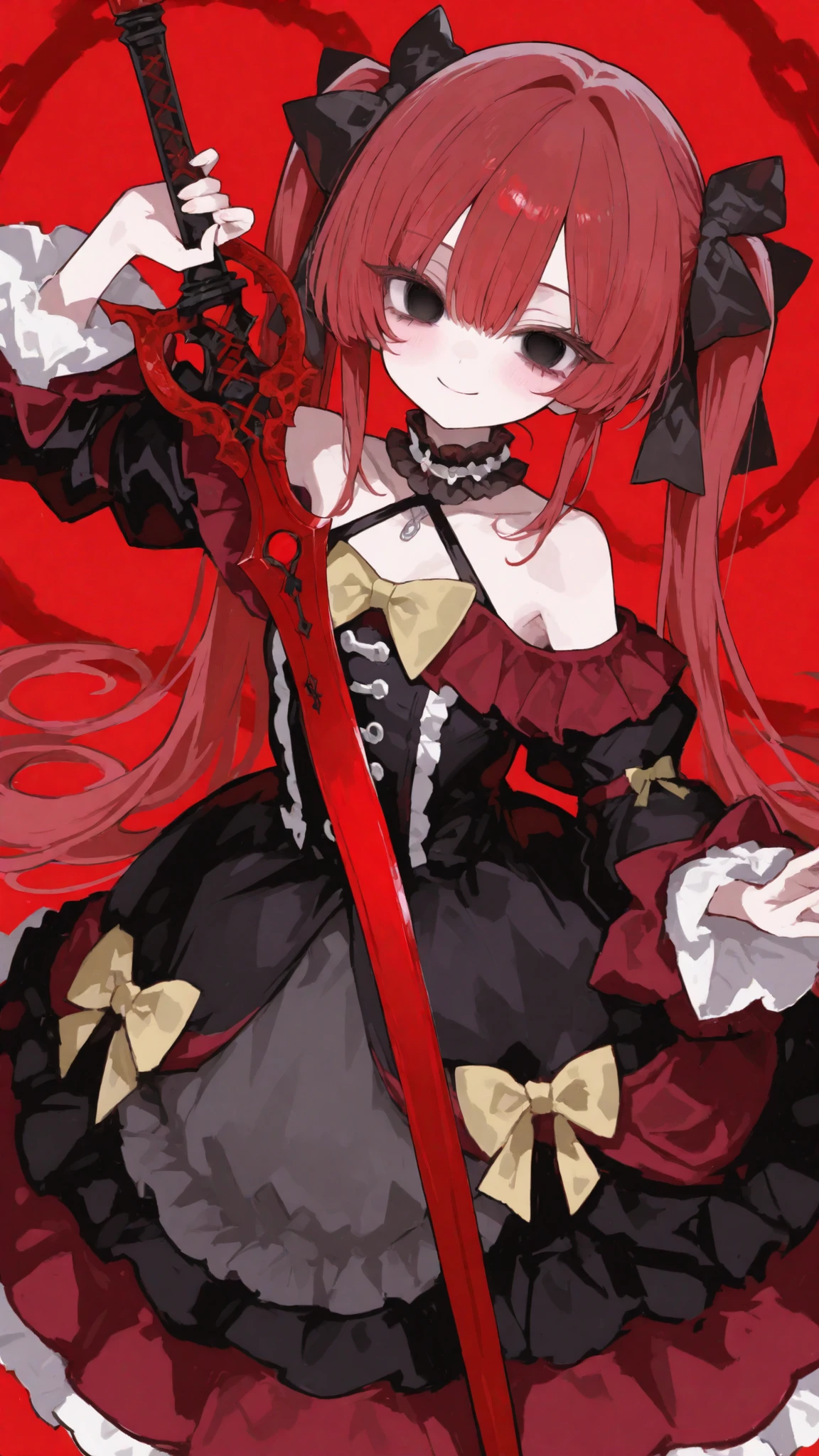 girl,red hair,Black eyes,Gothic Open Shoulder Dress,smile,The yellow bow,smile,red background,Big round eyes,long hair, Halter neck dress,, big bows , High-low skirt,Red Scissor Sword, Fighting pose,