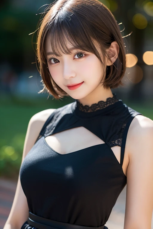 Tabletop, Highest quality, figure, Super detailed, Subtle details, High resolution, 8k wallpaper, Perfect dynamic composition, Beautiful attention to detail, Women's fashion,Short Shorthair,Small Natural color Lips, Bold pose,smile,Harajuku、20-year-old girl、cute、Subjects posing in front of the camera