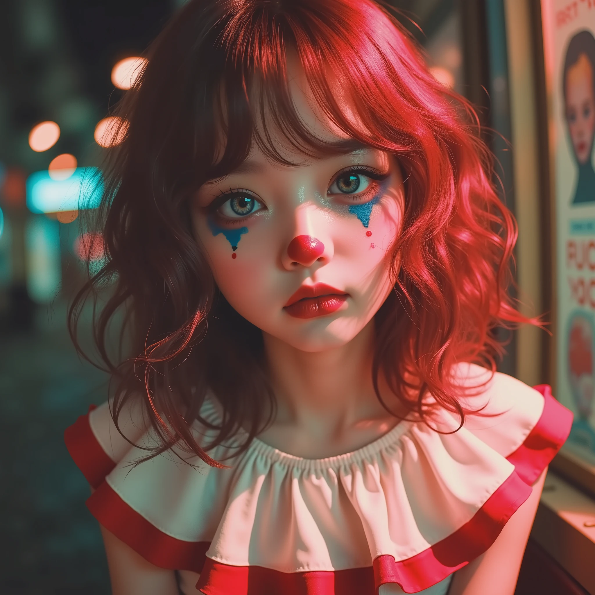 Circus Girls, ExtremelyDetailed KAWAII Innocent girl with [Clown makeup] on only Left half of her face, Beautiful Reflective eyes, (Aesthetic, Ethereal and Haunting:0.88), (RainbowColor Particles:0.77), Live-Action, photorealistic, 16K TopQuality Masterpiece