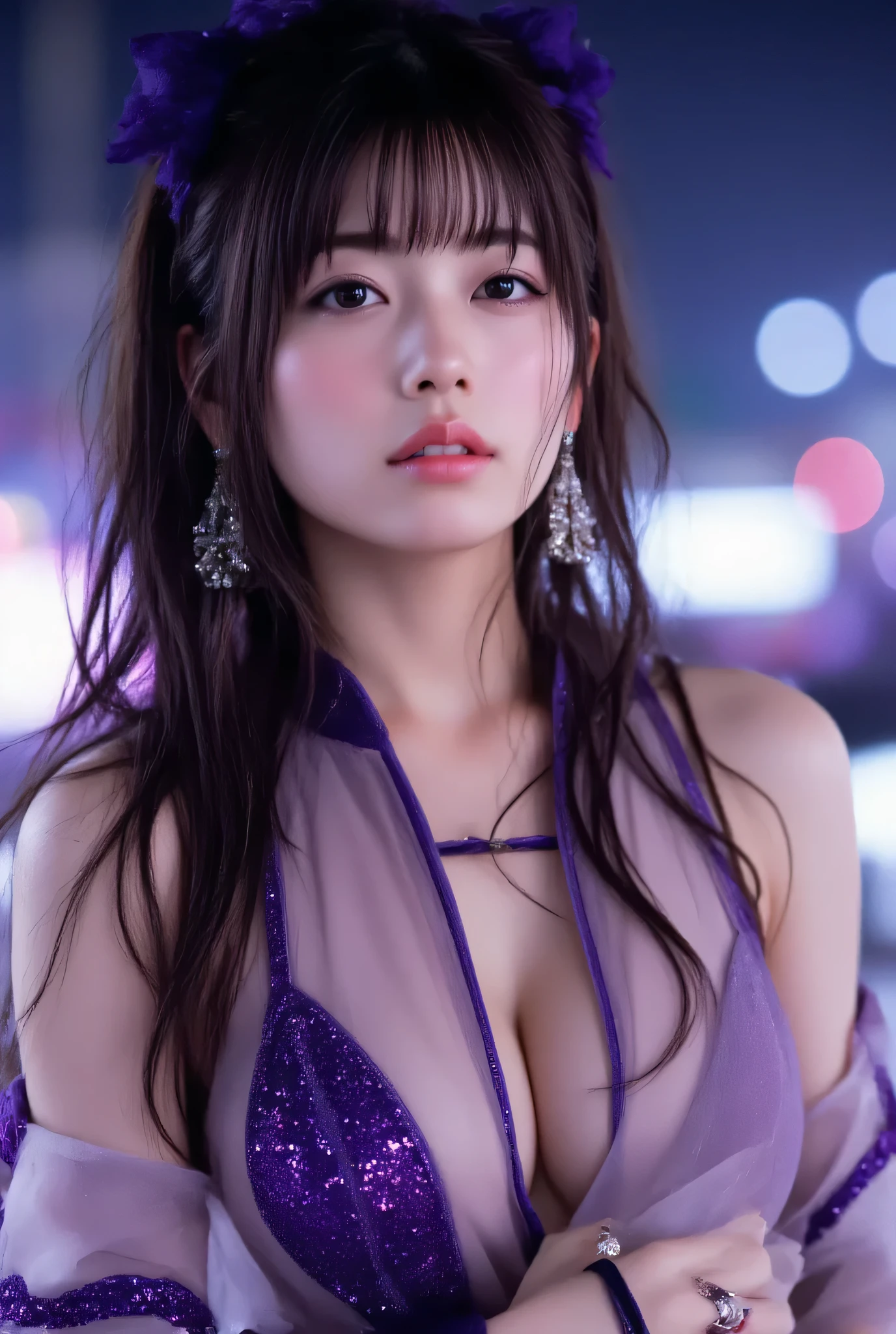 1 person, Asian girl, long hair, fantasy art, (photorealistic:1.2), sharp focus, ((high quality, 8k, black hair, realistic, highest quality, masterpiece, super detailed,), ((sexy and transparent race queen costume, tight costume that accentuates the body line, costume that stands out with flashy colors,)), night city, sheer ear cover, purple ribbon, purple eyes, (super erotic magical world,), (sexy), naughty, seductive, sexy, erotic, beautiful, accurate and perfect human anatomy, shot from the knees up, beautiful face, detailed and perfect face, big and even eyes, double eyelids, perfect proportions, huge breasts, small waist, navel, wide hips, crotch gap, sexy thighs, dynamic pose, change of pose, (shot from a dynamic angle from below), large race track, lots of spectators, LED lighting, (depth field: 1.3), (((blur))),