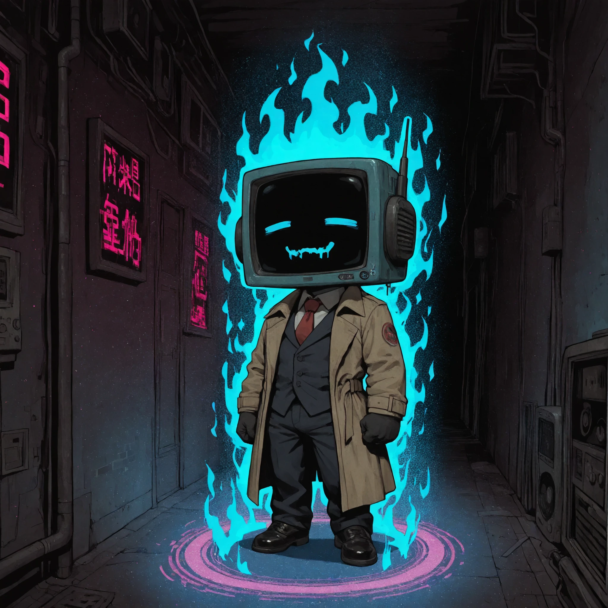 [The Horror Radio], (masterpiece, best quality:1.2), (high detail, sharp lighting), solo, 1boy, craze_face, radio_head, vintage television face, glowing circle eyes, glitch_face, holding a cyber blade, chibi, (blue aura:1.6),  blue digital distortion, blue pixel fragments, static effects, pink lights inside screen, robot_skin black, long trench coat blowing backward, suit, red tie, black gloves, (floating), closed_eyes, dark electronic horror theme, cinematic tension, high BPM energy, glitch streaks, digital noise particles, neon reflections on floor, spotlight from above, shadow under feet, foggy background, dark alley ambience, blue radio-static aura, thriller chase tone, (clean composition), (album cover framing:1.1).