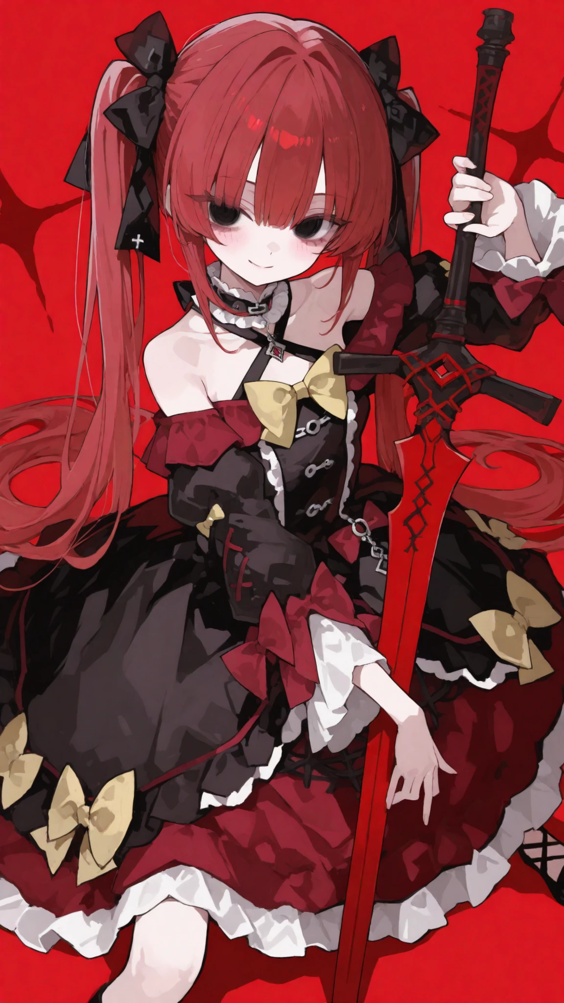 girl,red hair,Black eyes,Gothic Open Shoulder Dress,smile,The yellow bow,smile,red background,Big round eyes,long hair, Halter neck dress,, big bows , High-low skirt,Red Scissor Sword, Fighting pose,slim