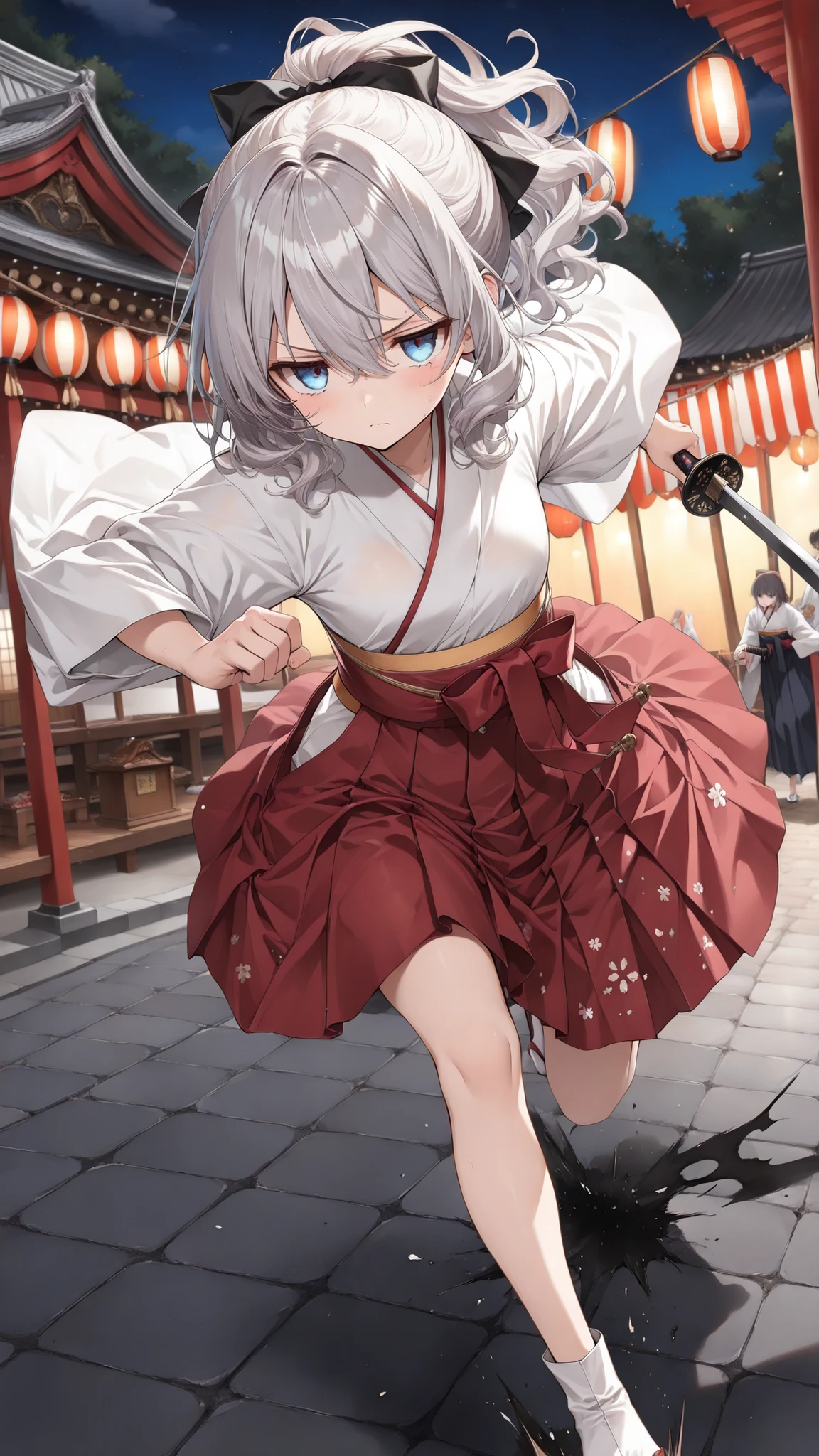 ((Ultra detailed)),((fullbody)), ((beautiful detailed eyes)),((score_9, score_8_up, score_7_up, score_6_up)), ((8k)),(zPDXL2), ((masterpiece)), ((best quality)), ((highest quality)), (highres), (absurdres), ((extremely detailed)),source_anime, 1girl,solo、((silver hair,blue eyes, medium hair,high ponytail,wavy hair,jitome)),(meiji schoolgirl uniform,white kimono,red midi skirt:1.2),tabi,(the girl is running:1.3),      (girl is slender:1.3)、(the girl have larger small breasts breasts)、(Serious expression)、、(japanese festival:1.2),(Japanese shrine:1.2),((night)),(The girl holds a Japanese sword:1.2),(The girl is attacking:1.4),((death struggle)),((fight))